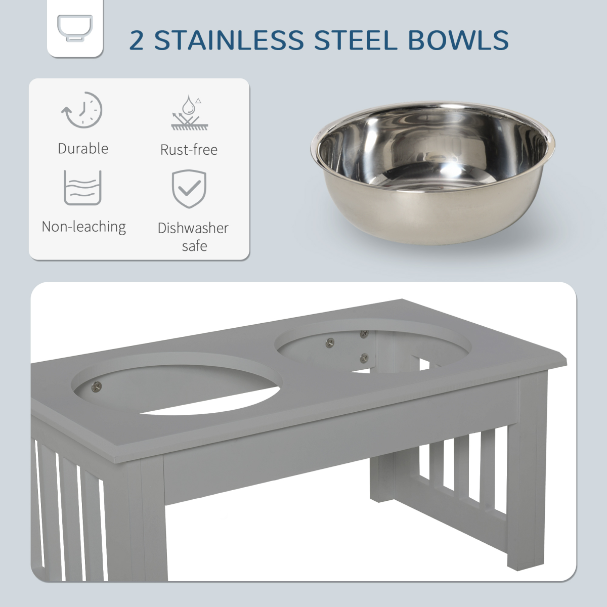 Raised Dog Bowls Feeder - Elevated Stainless Steel Double Bowl Stand, Grey