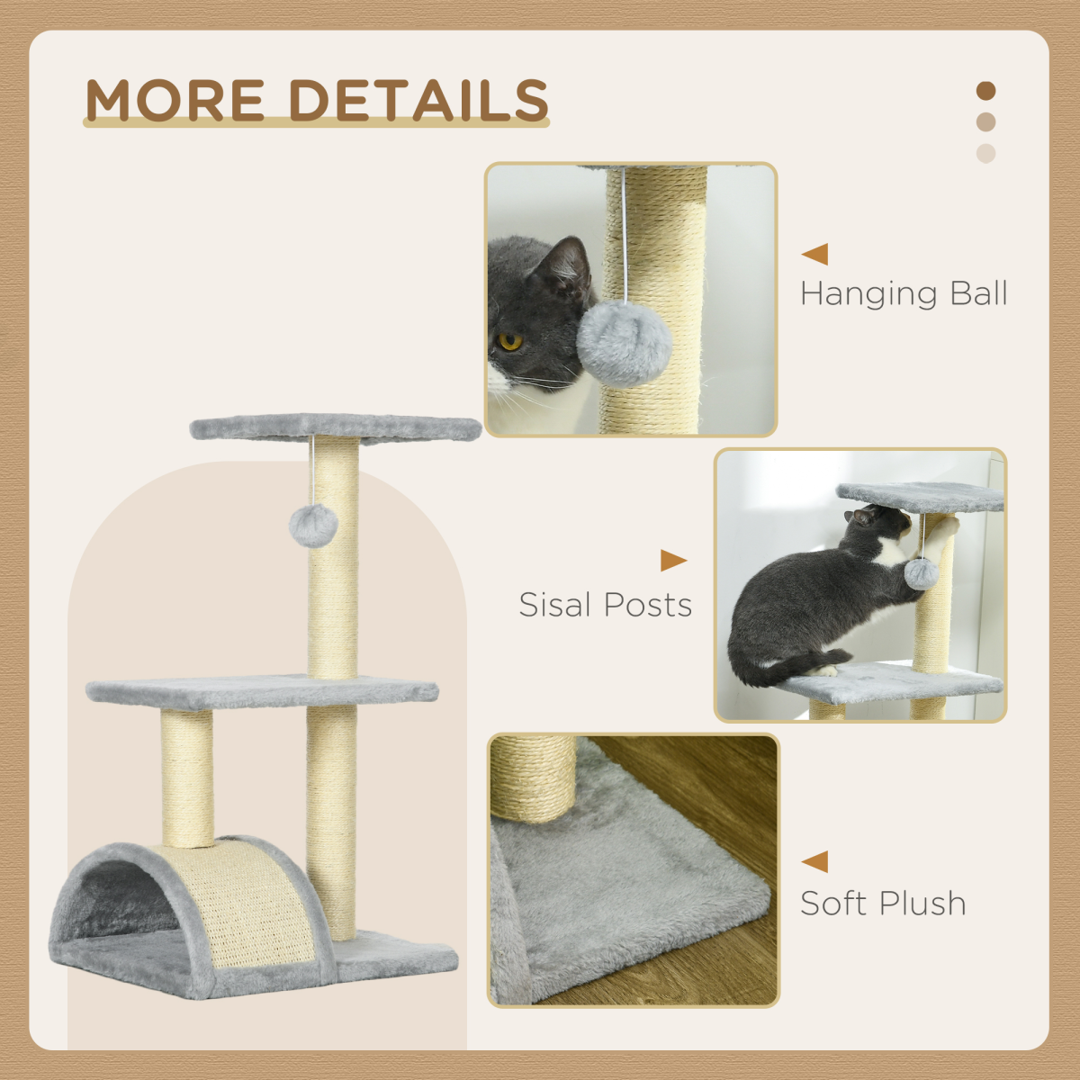 72cm Cat Tree Climbing Tower with Sisal Scratching Post - Light Grey