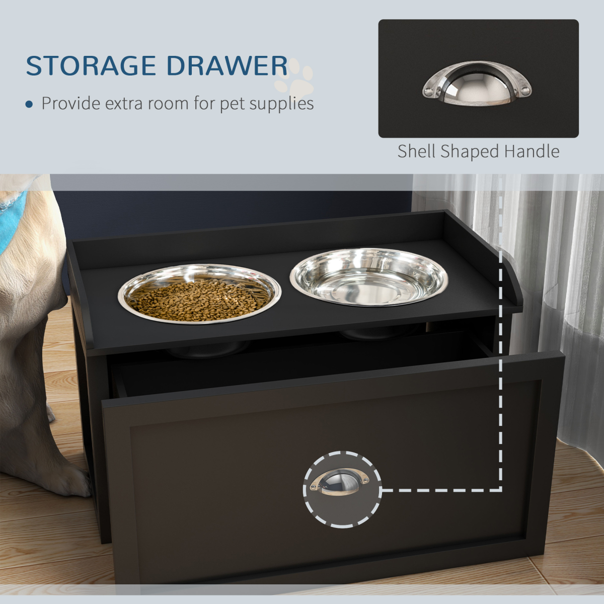 Stainless Steel Raised Dog Bowl Station with 21L Storage Drawer