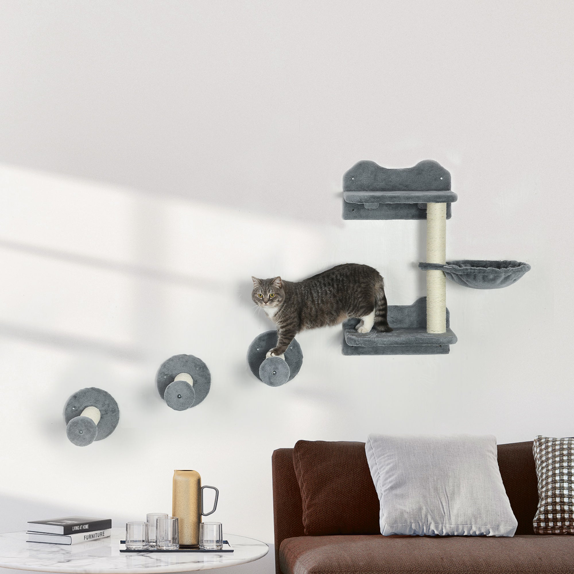 4-Piece Wall-Mounted Cat Shelves with Scratching Post - Cat Wall Furniture for Indoor Cats (Grey)