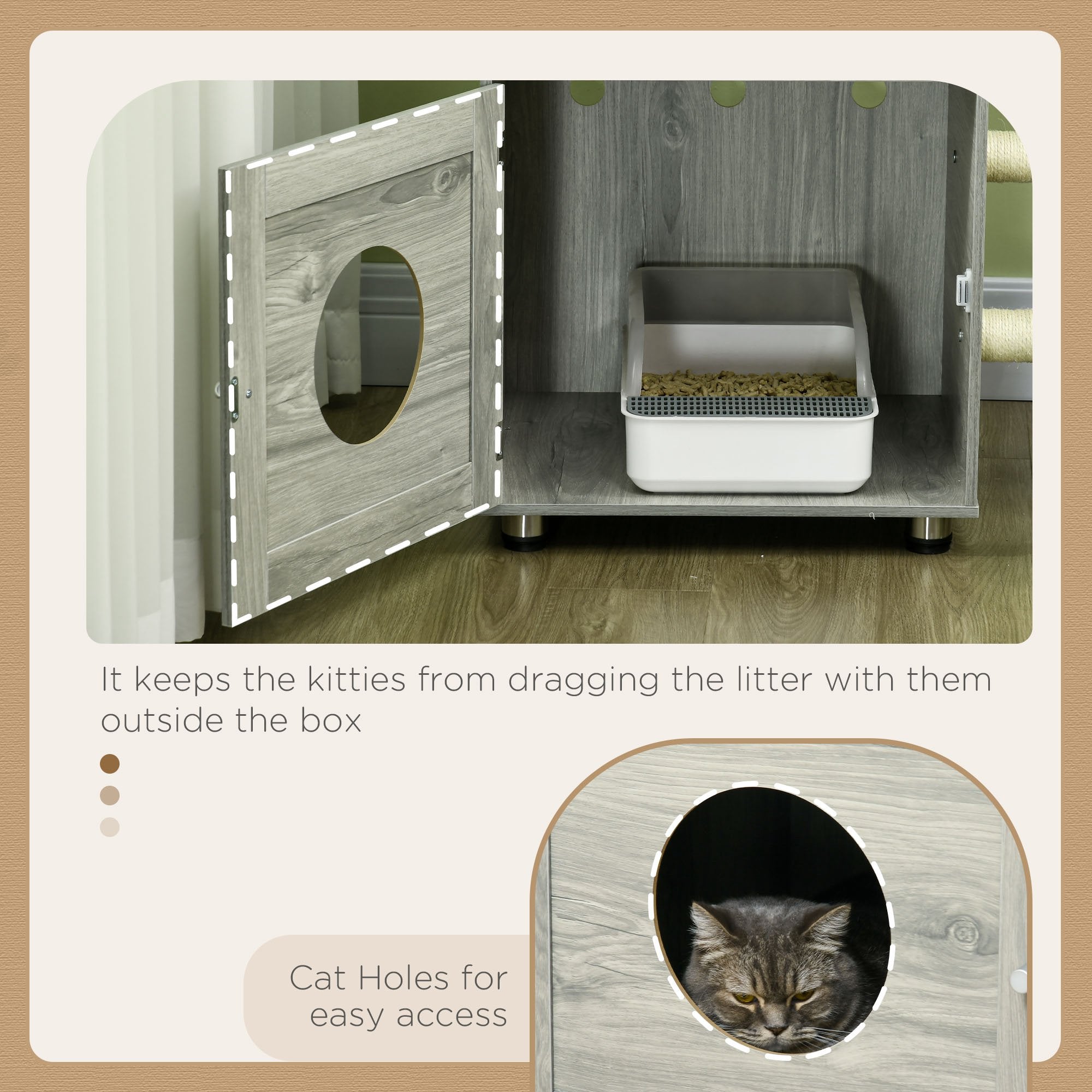 Enclosed Cat Litter Box with Hidden House, Bed & Scratching Posts - Indoor Cat Furniture (Grey)