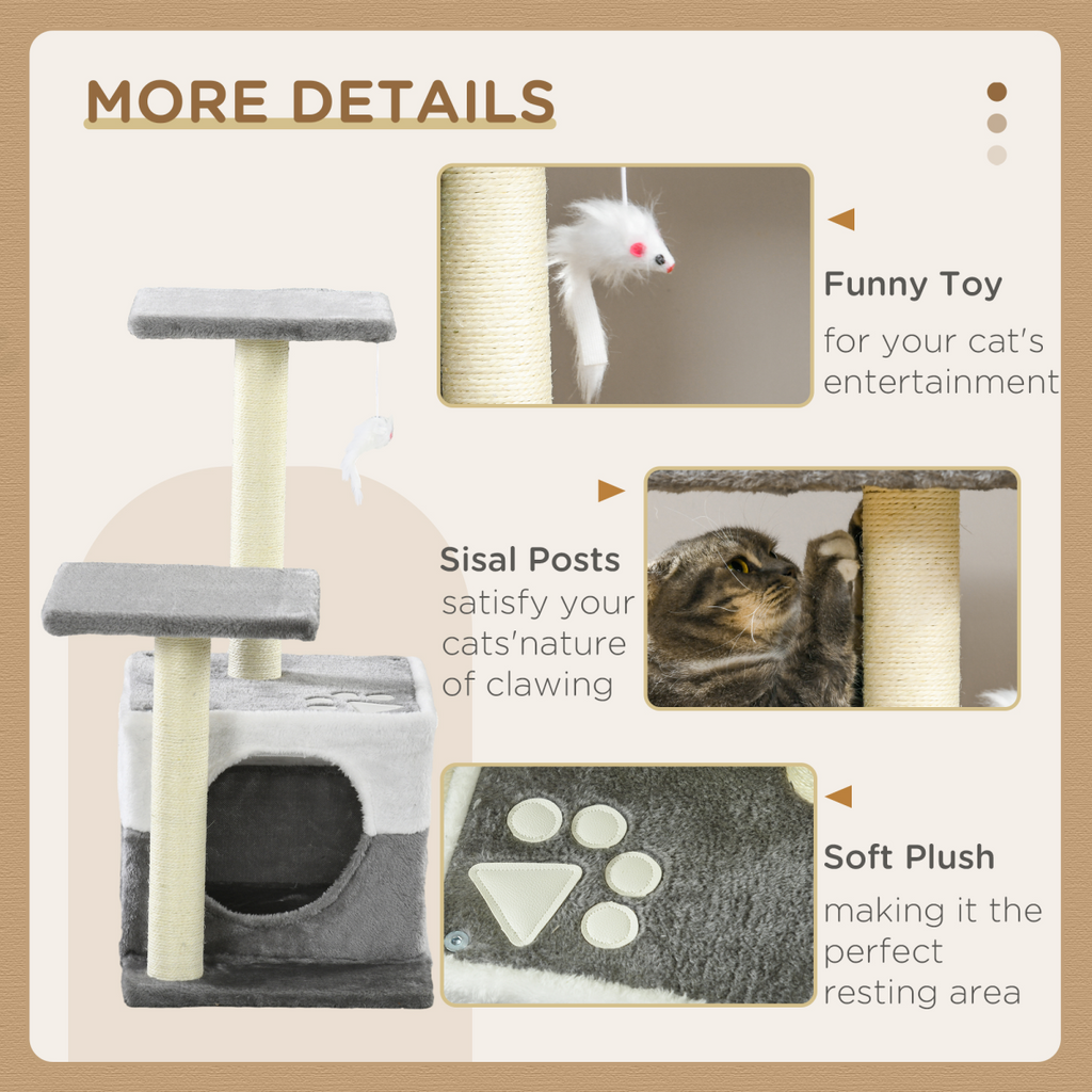 Cat Tree with Sisal Scratching Post, House, Perches and Toy Mouse - Grey