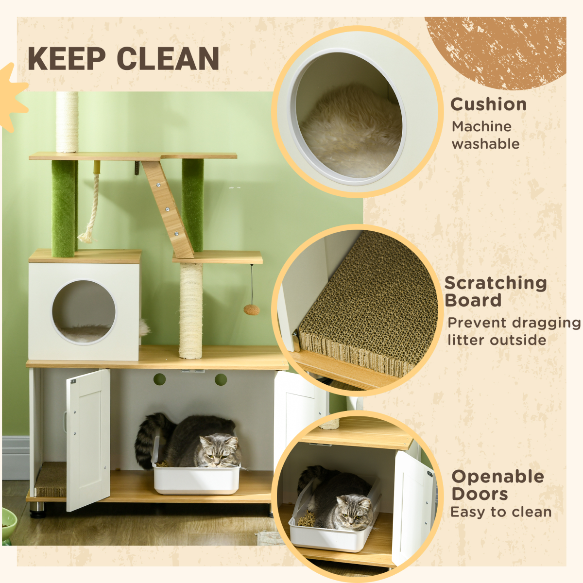 2-in-1 Hidden Litter Box and Cat Tree with Green Leaf Design - Oak