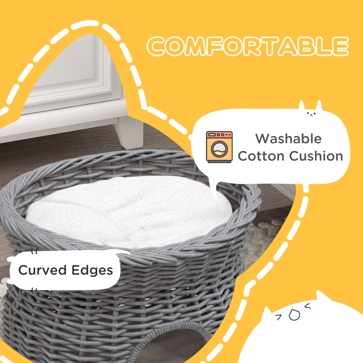 2-Tier Willow Pet Bed and Condo - Handwoven Cat House Basket, Grey