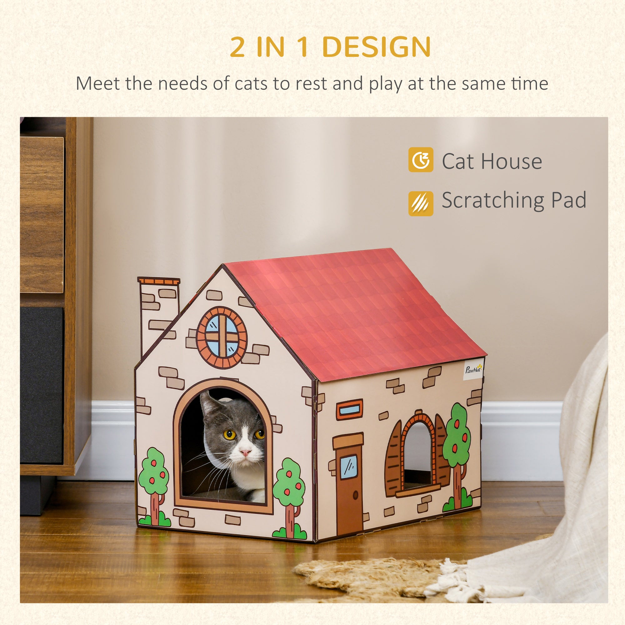 2-in-1 Cat Scratcher House with Catnip - Cardboard Scratching Board & Lounger for Indoor Cats
