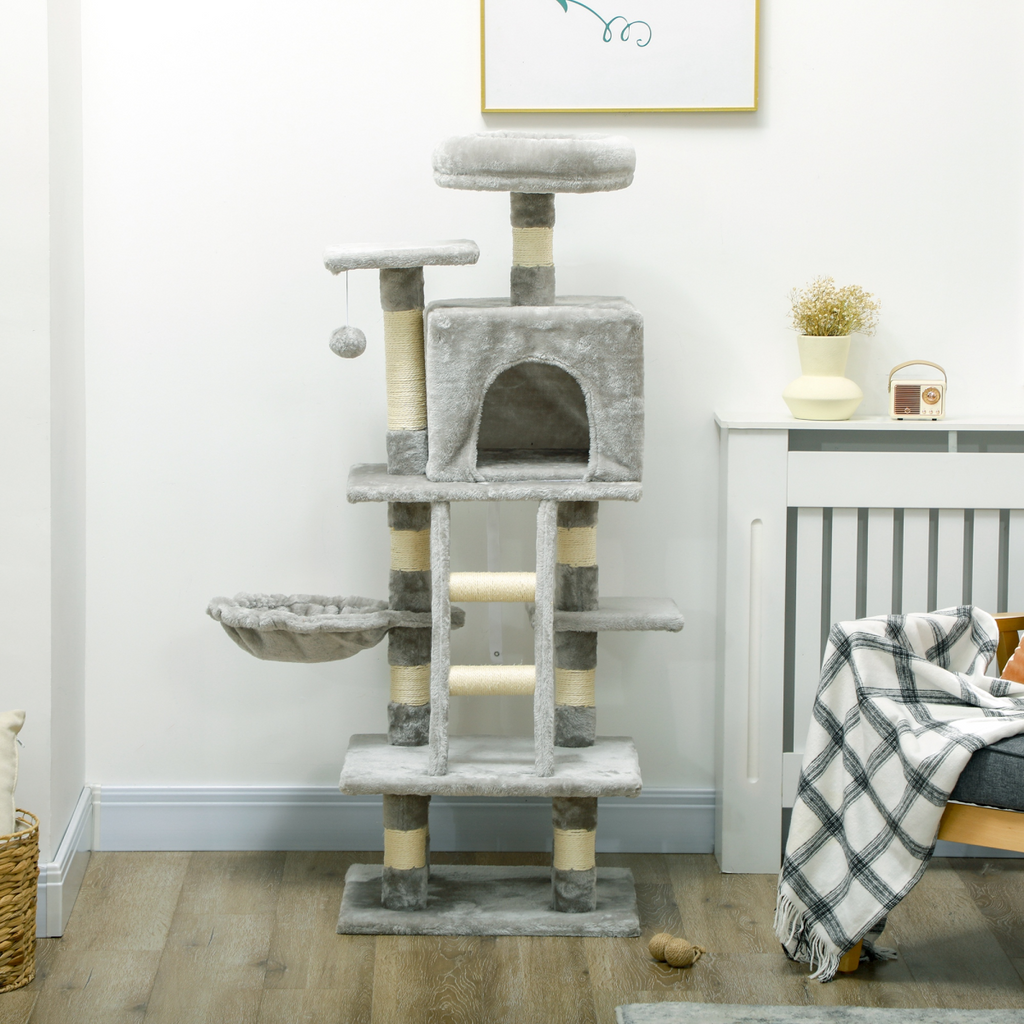 132cm Multi-Activity Cat Tree with House, Baskets, Hammock and Ladder - Grey