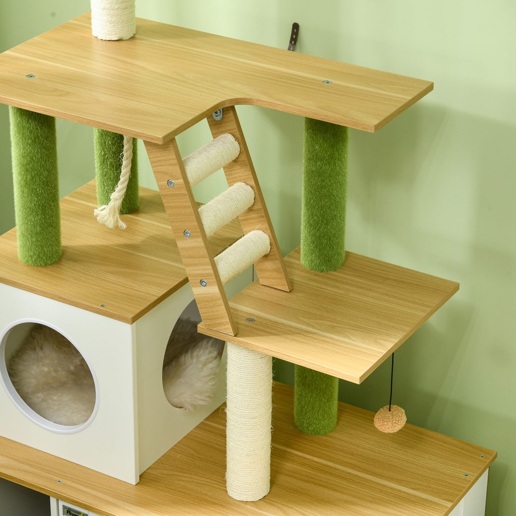 2-in-1 Hidden Litter Box and Cat Tree with Green Leaf Design - Oak