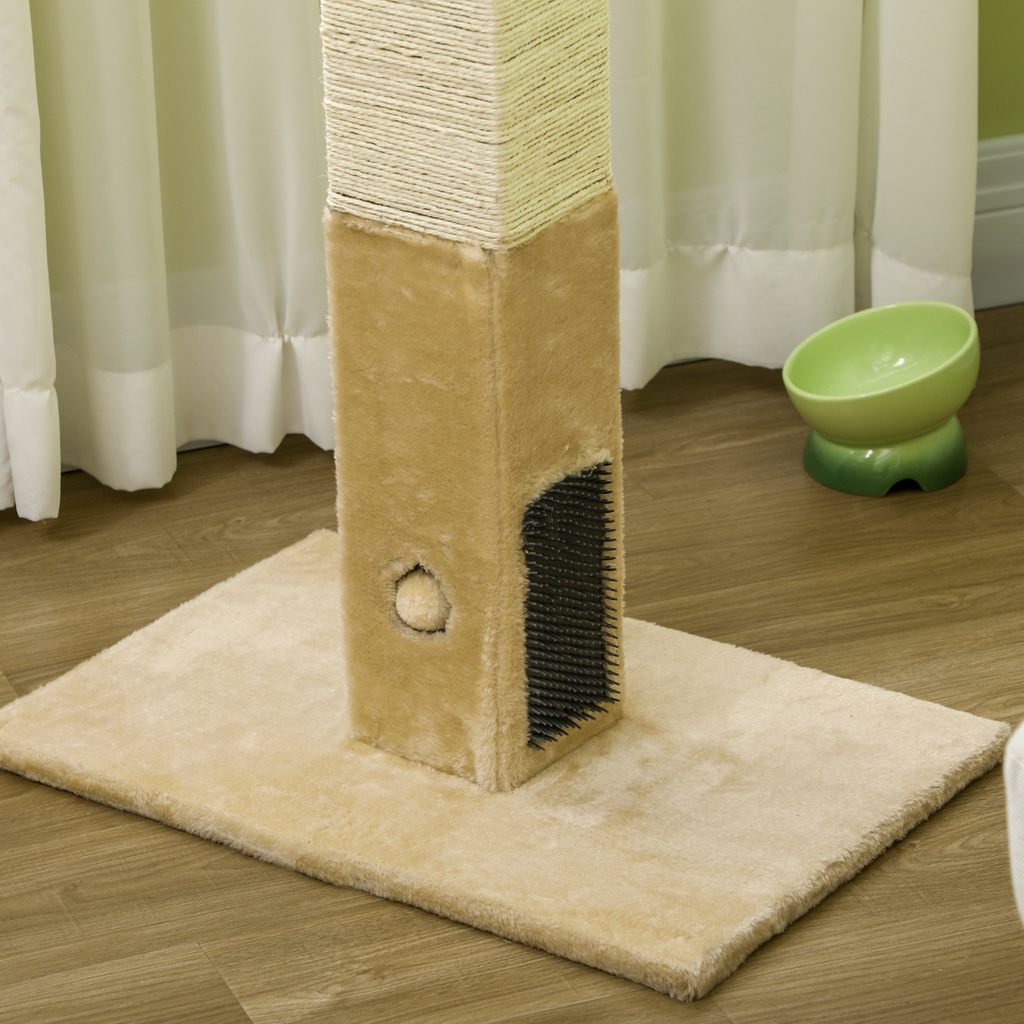 Cat Scratching Post and Climber with Carpet Base and Hanging Toy - Beige