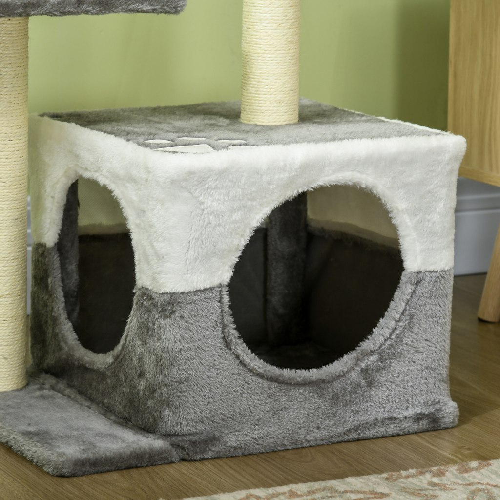 Cat Tree with Sisal Scratching Post, House, Perches and Toy Mouse - Grey