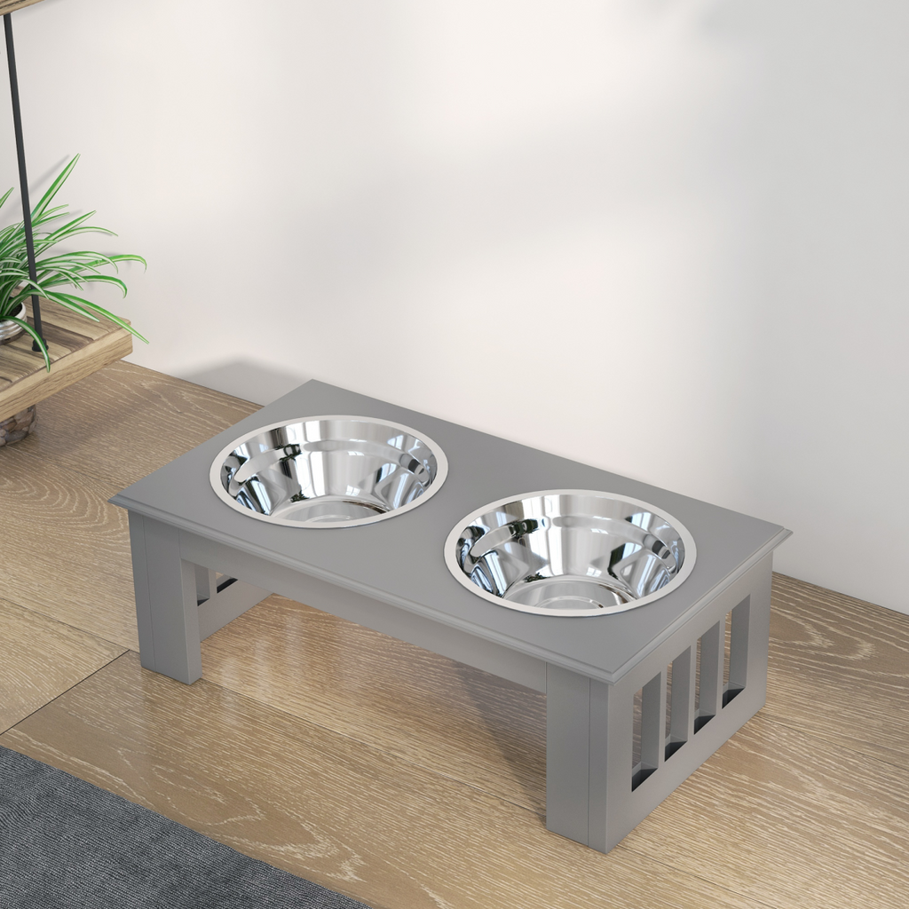 Raised Dog Bowls Feeder - Elevated Stainless Steel Double Bowl Stand, Grey