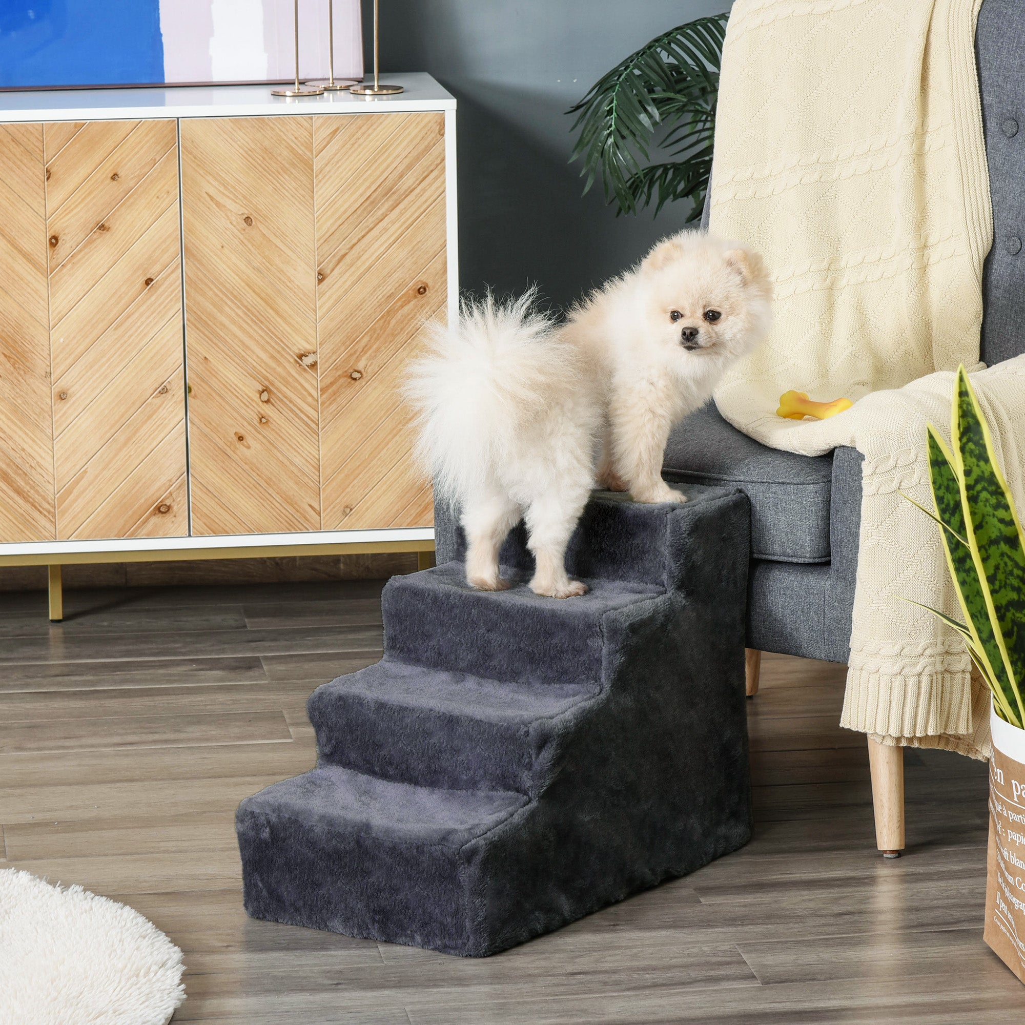 4-Step Dog Stairs with Washable Plush Cover - Pet Steps for High Beds & Sofas, Small Dogs & Cats (Dark Grey)