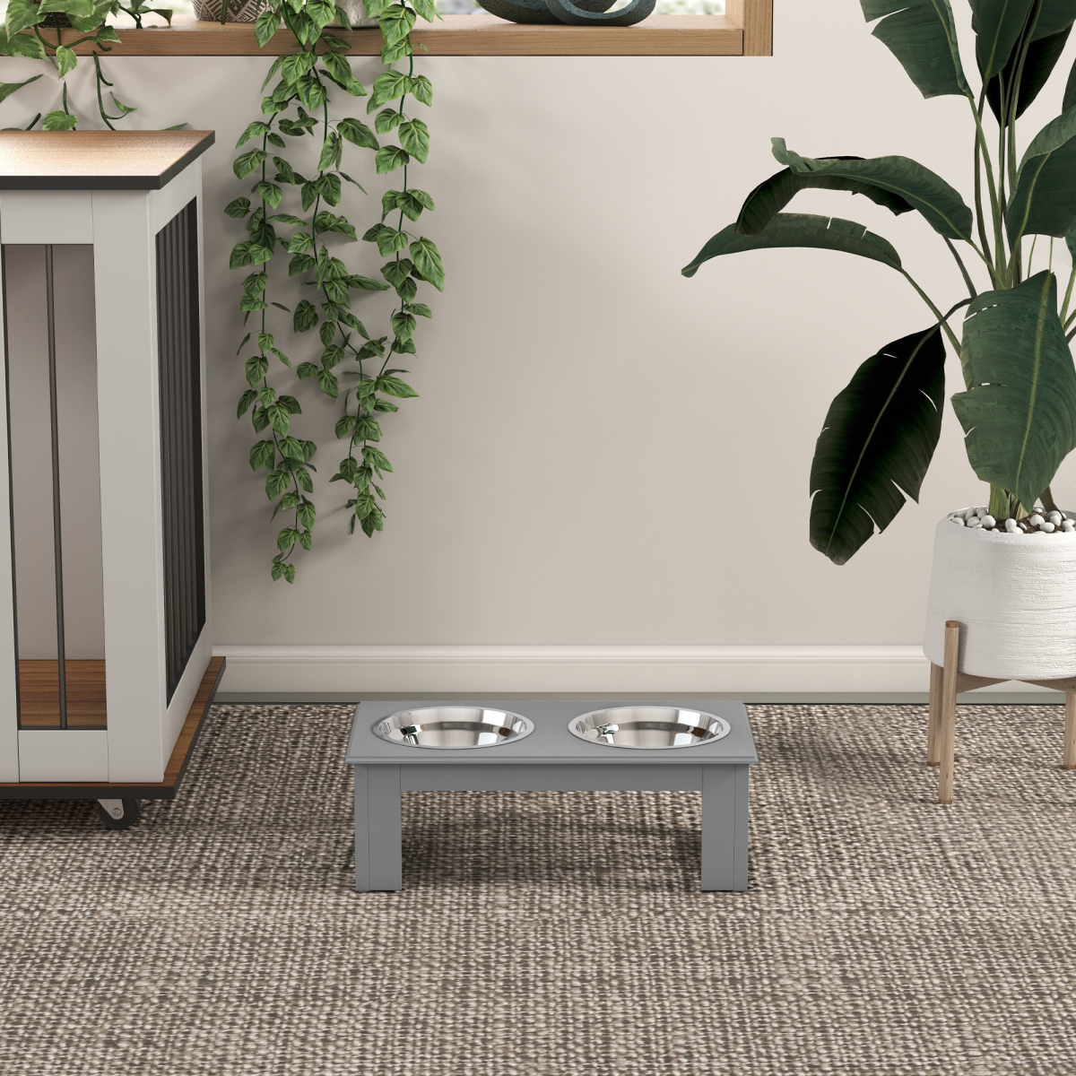 Raised Dog Bowls Feeder - Elevated Stainless Steel Double Bowl Stand, Grey