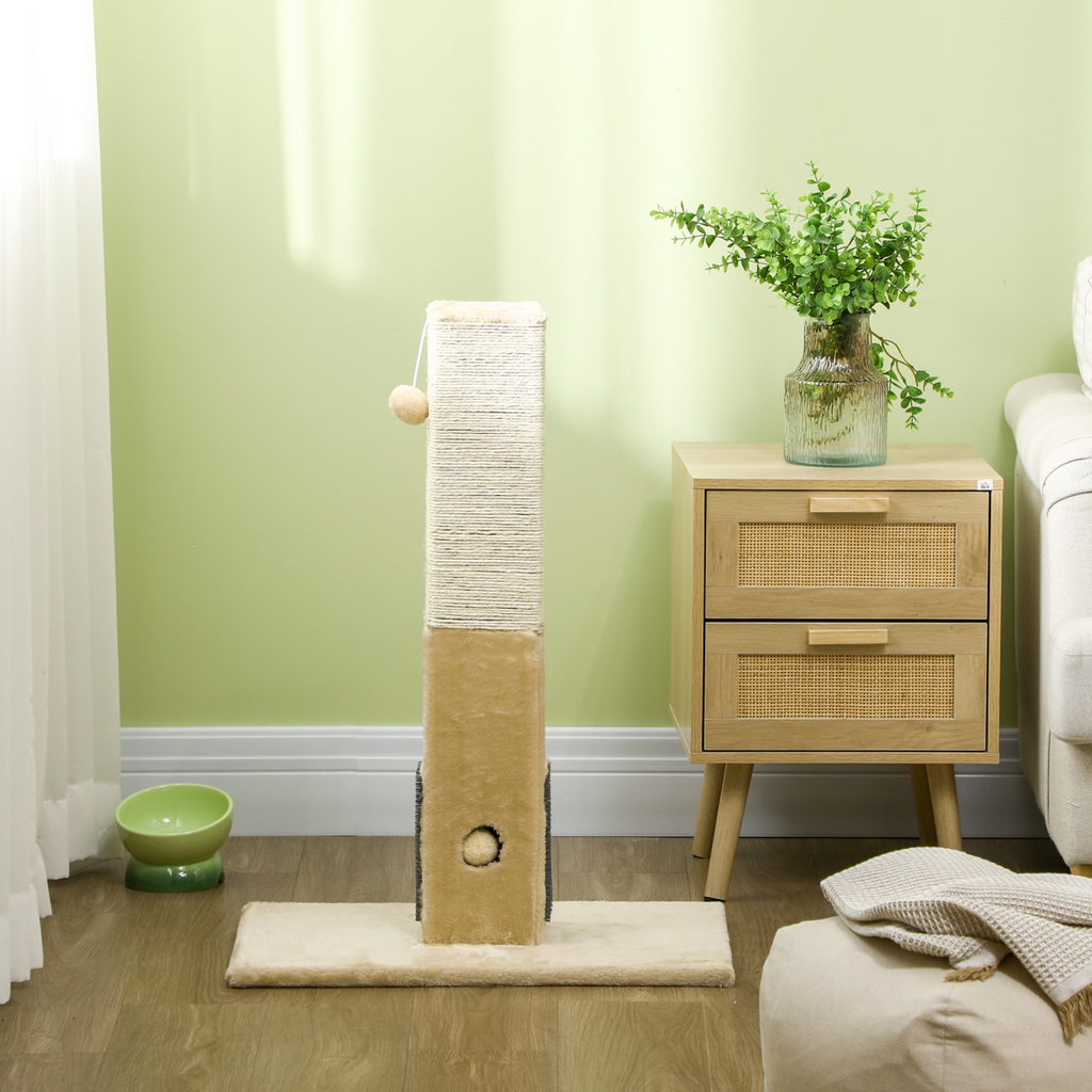 Cat Scratching Post and Climber with Carpet Base and Hanging Toy - Beige