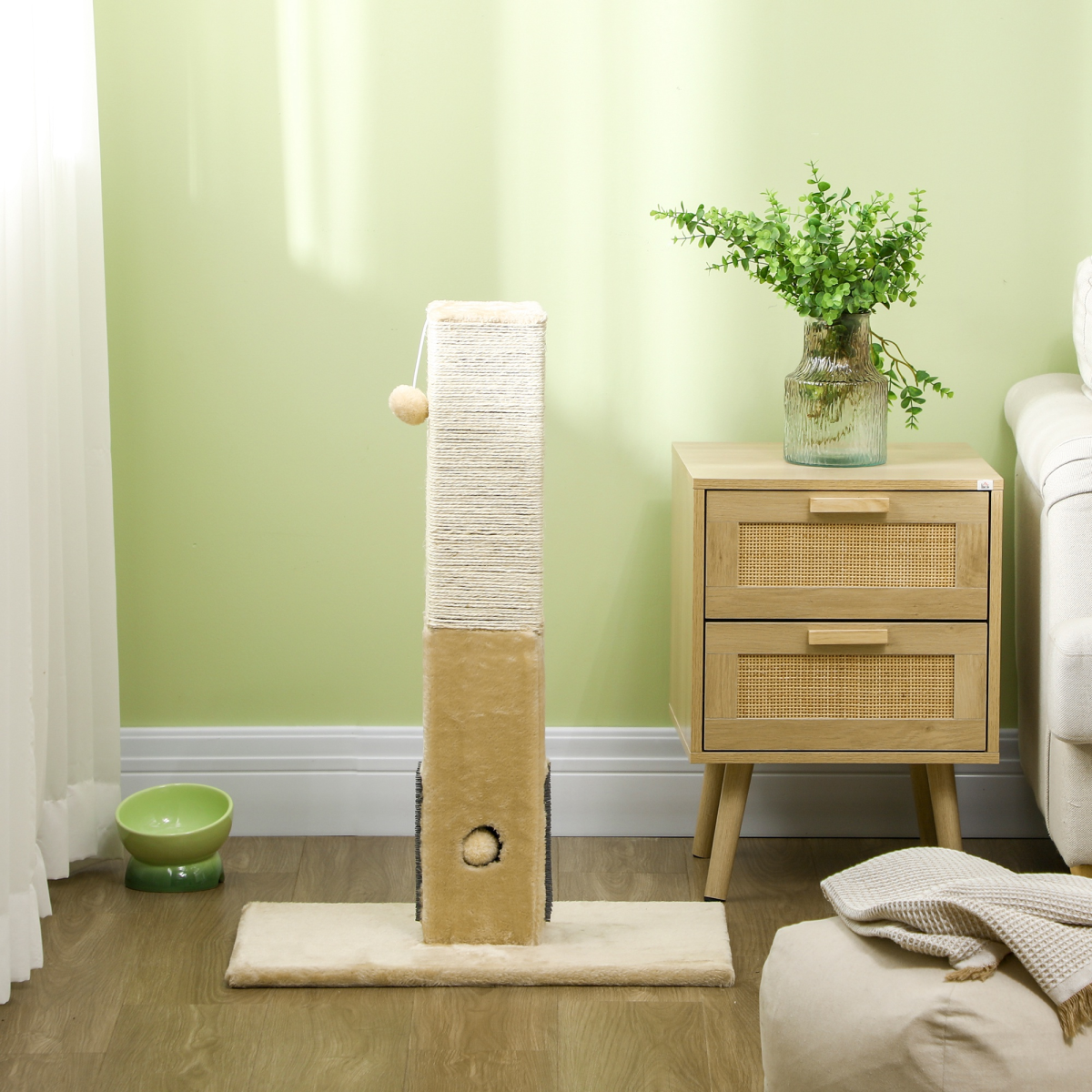 Cat Scratching Post and Climber with Carpet Base and Hanging Toy - Beige