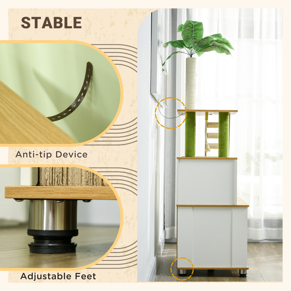 2-in-1 Hidden Litter Box and Cat Tree with Green Leaf Design - Oak