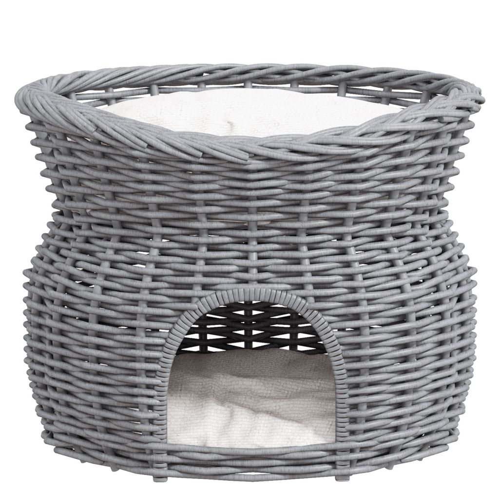 2-Tier Willow Pet Bed and Condo - Handwoven Cat House Basket, Grey