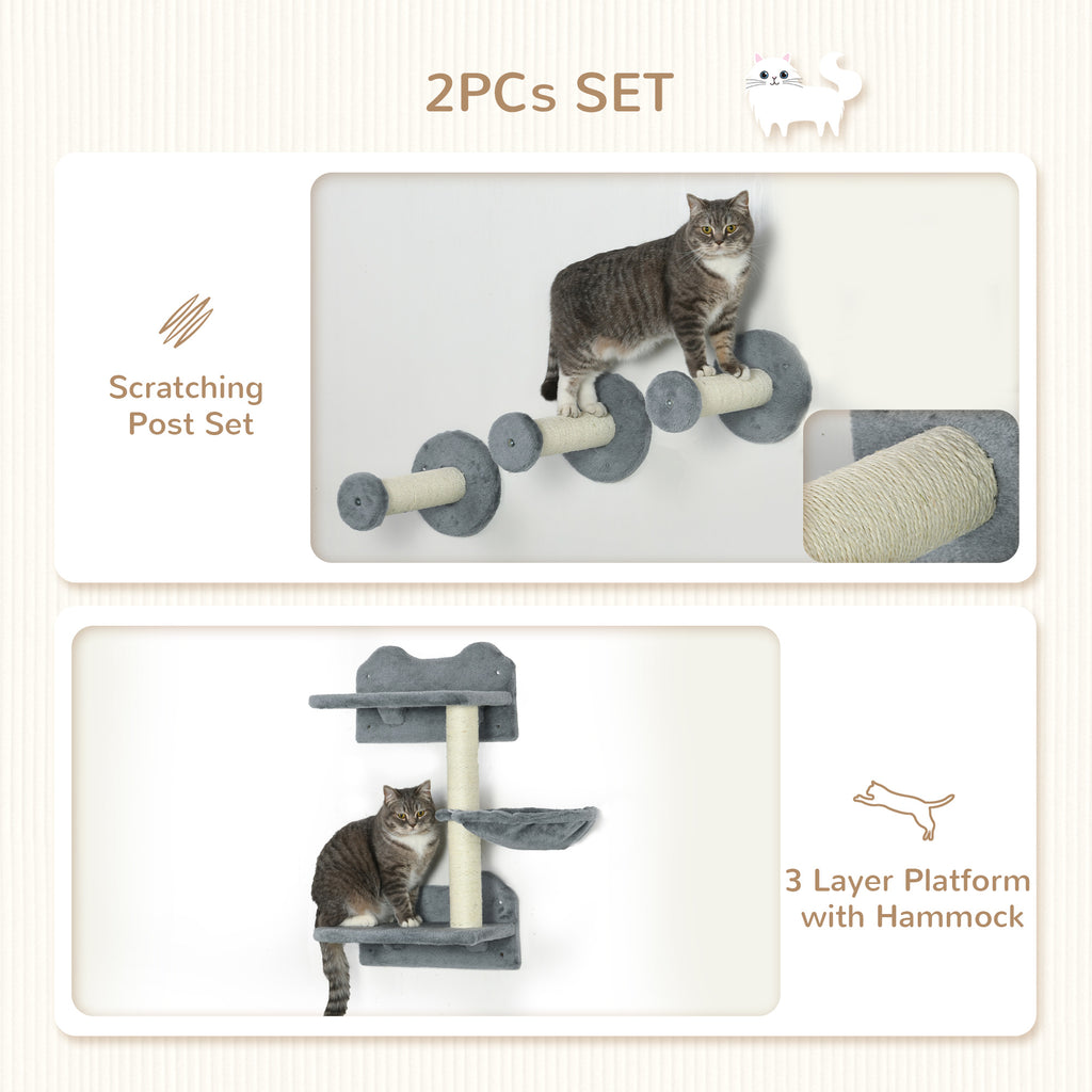 4-Piece Wall-Mounted Cat Shelves with Scratching Post - Cat Wall Furniture for Indoor Cats (Grey)