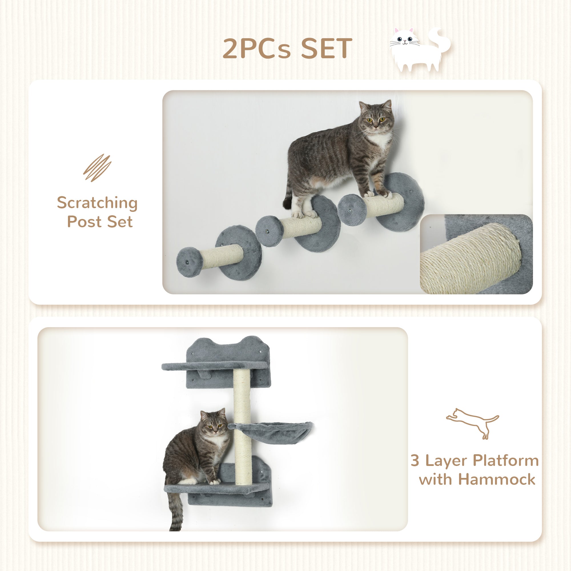 4-Piece Wall-Mounted Cat Shelves with Scratching Post - Cat Wall Furniture for Indoor Cats (Grey)