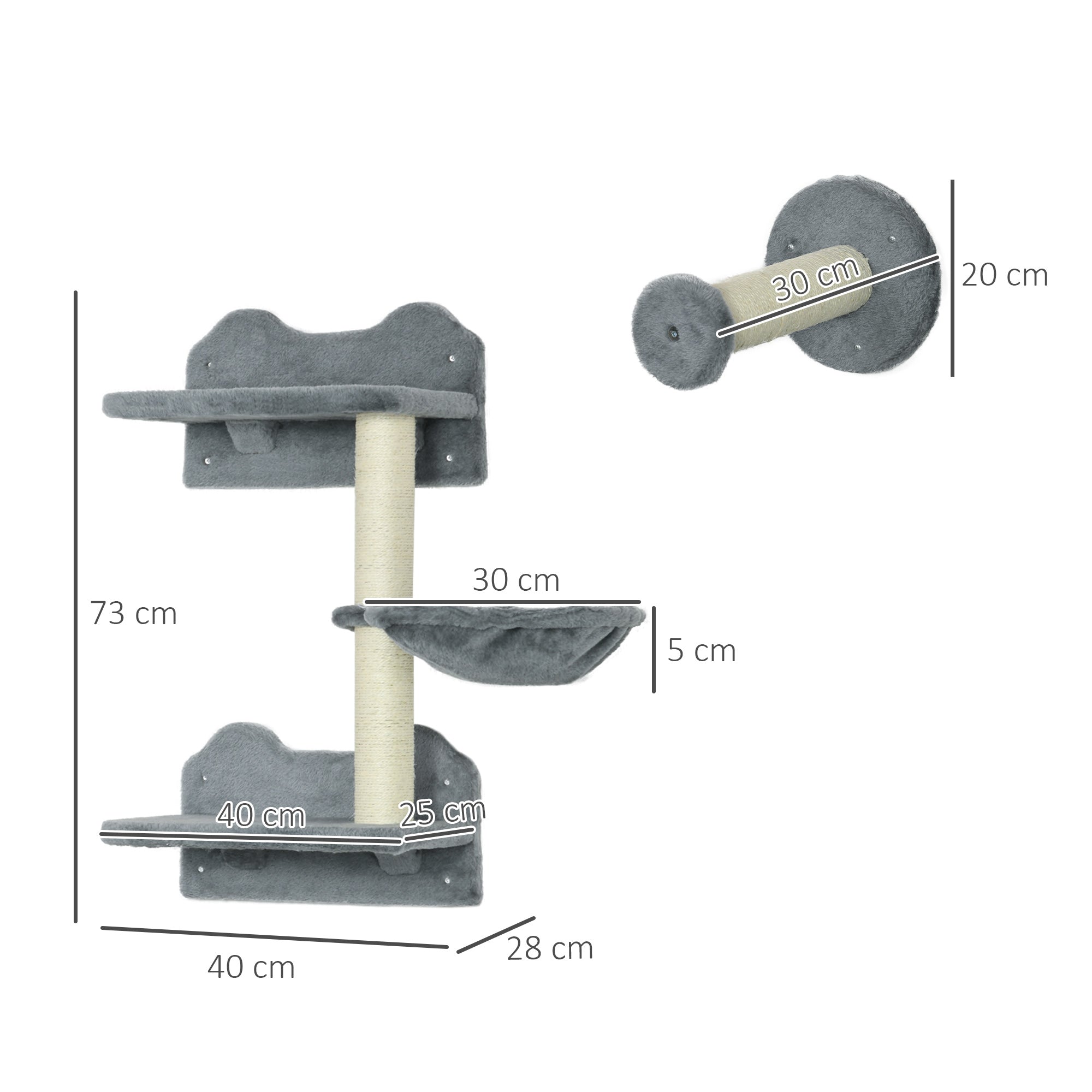 4-Piece Wall-Mounted Cat Shelves with Scratching Post - Cat Wall Furniture for Indoor Cats (Grey)