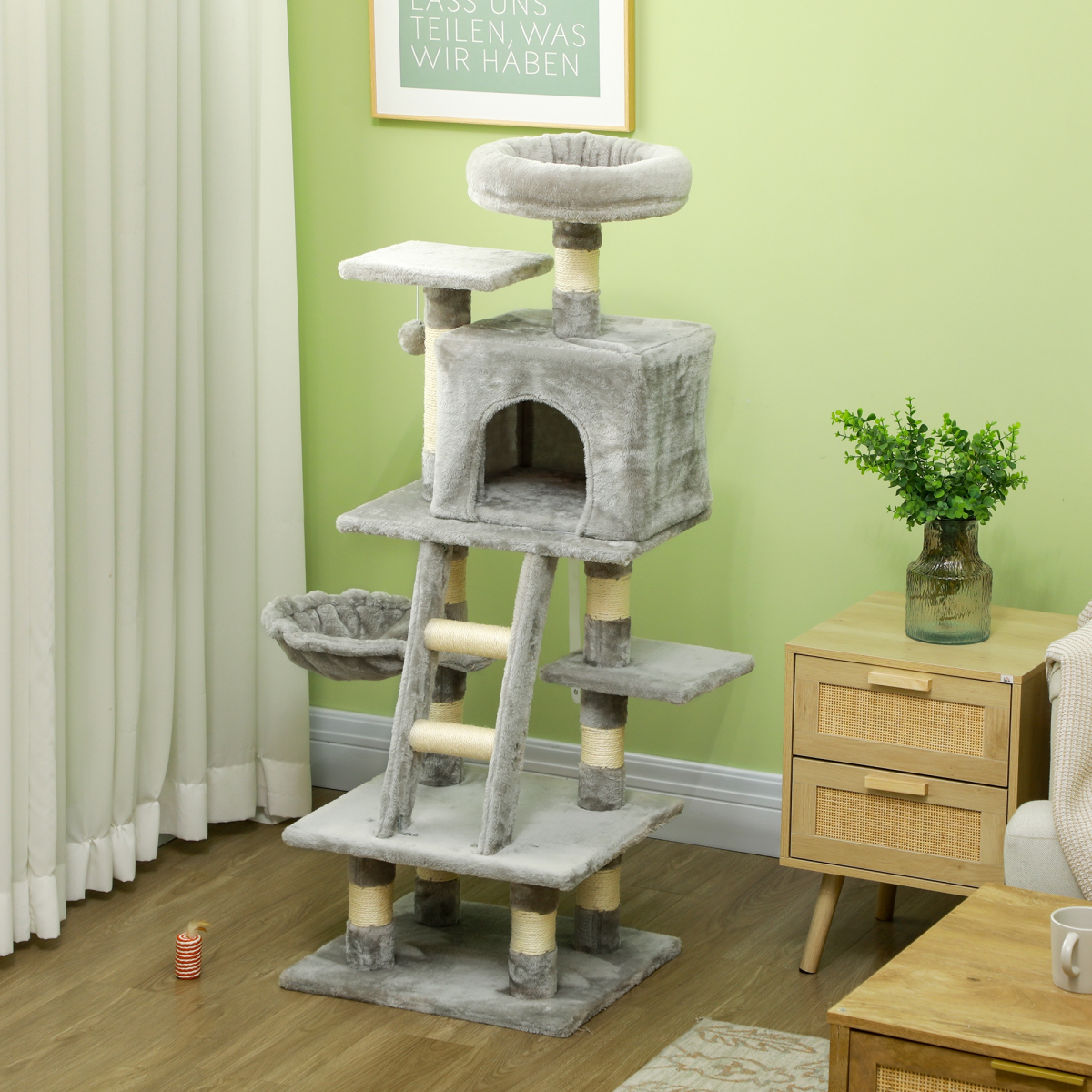 132cm Multi-Activity Cat Tree with House, Baskets, Hammock and Ladder - Grey