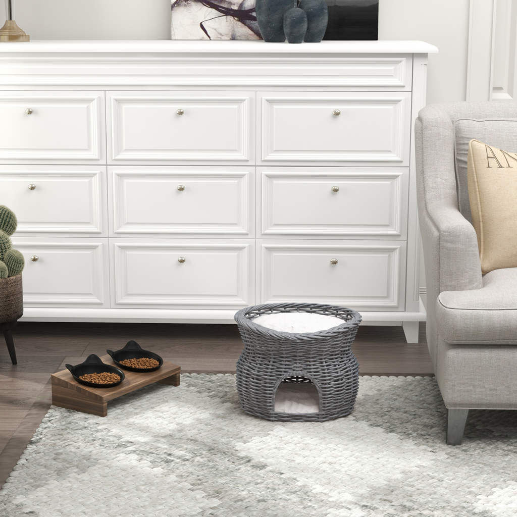 2-Tier Willow Pet Bed and Condo - Handwoven Cat House Basket, Grey