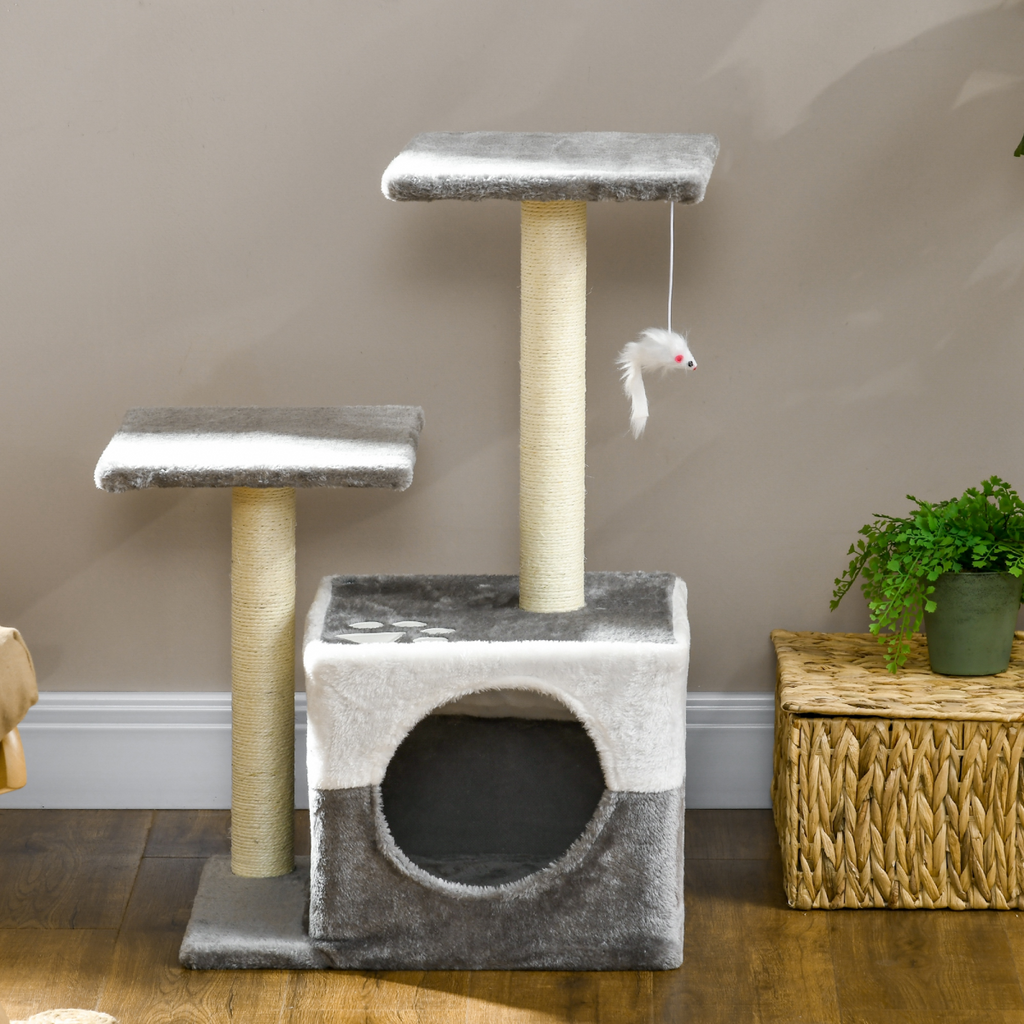 Cat Tree with Sisal Scratching Post, House, Perches and Toy Mouse - Grey