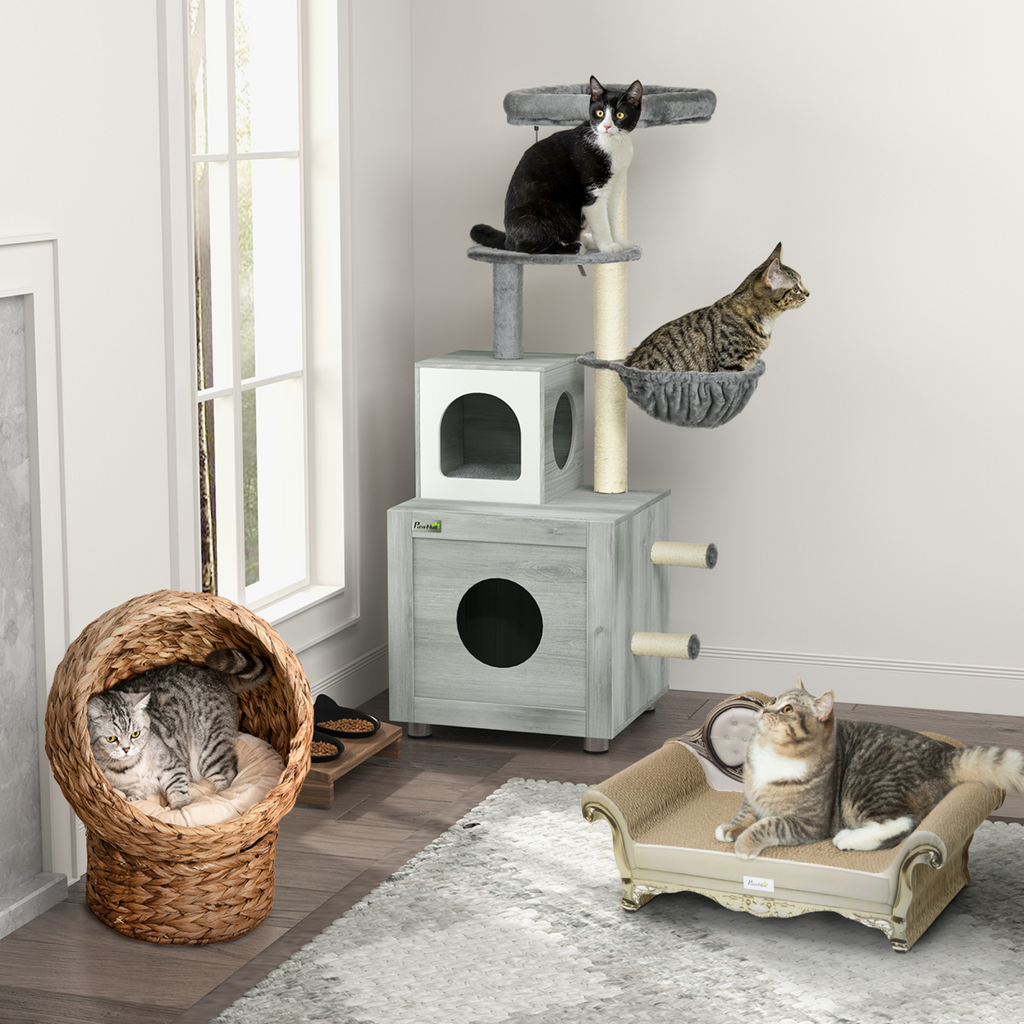 Cat Litter Box Enclosure with Cat House, Bed, Scratching Posts and Platform