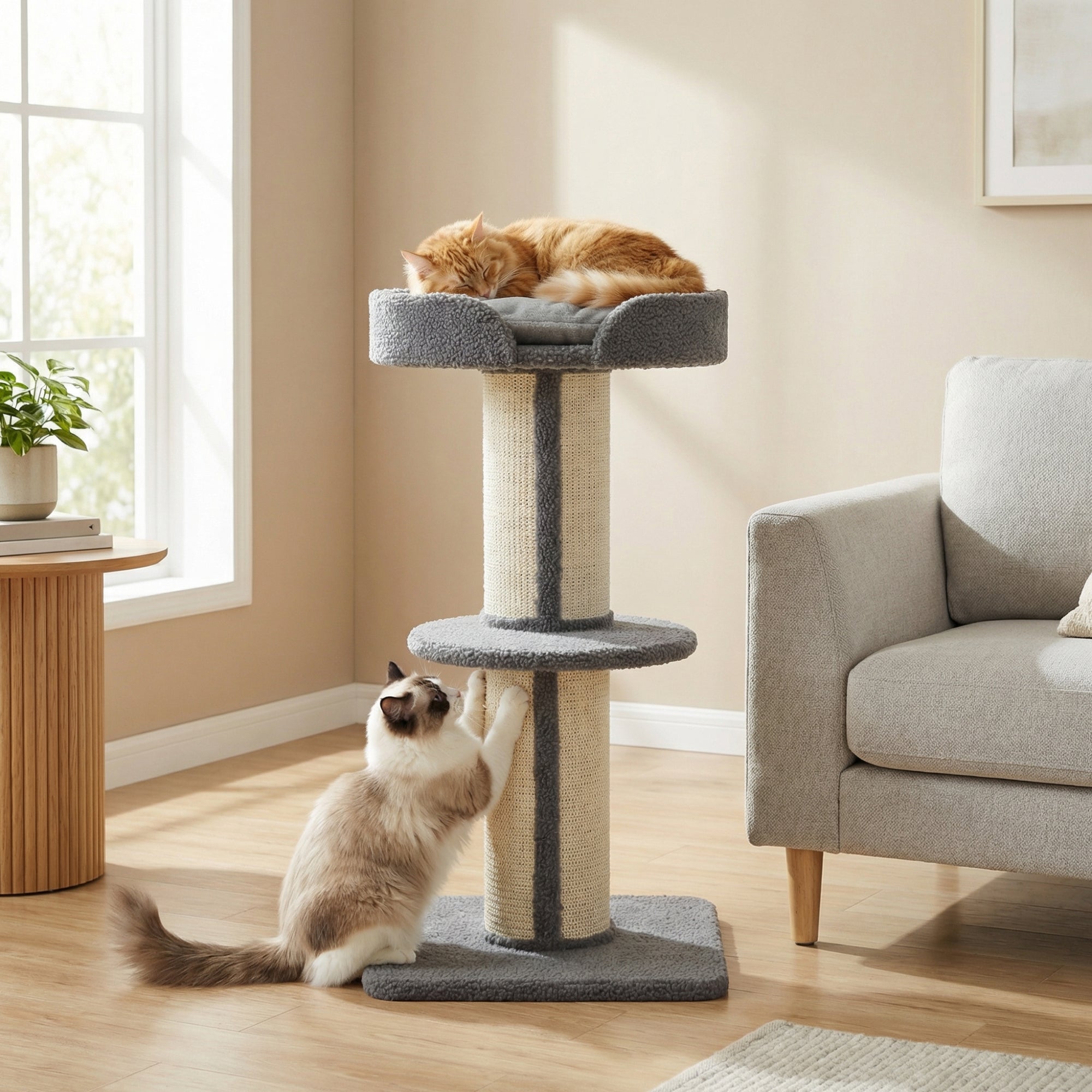 91cm Cat Tree with Scratching Post, Bed, Perch & Removable Cushion - Grey