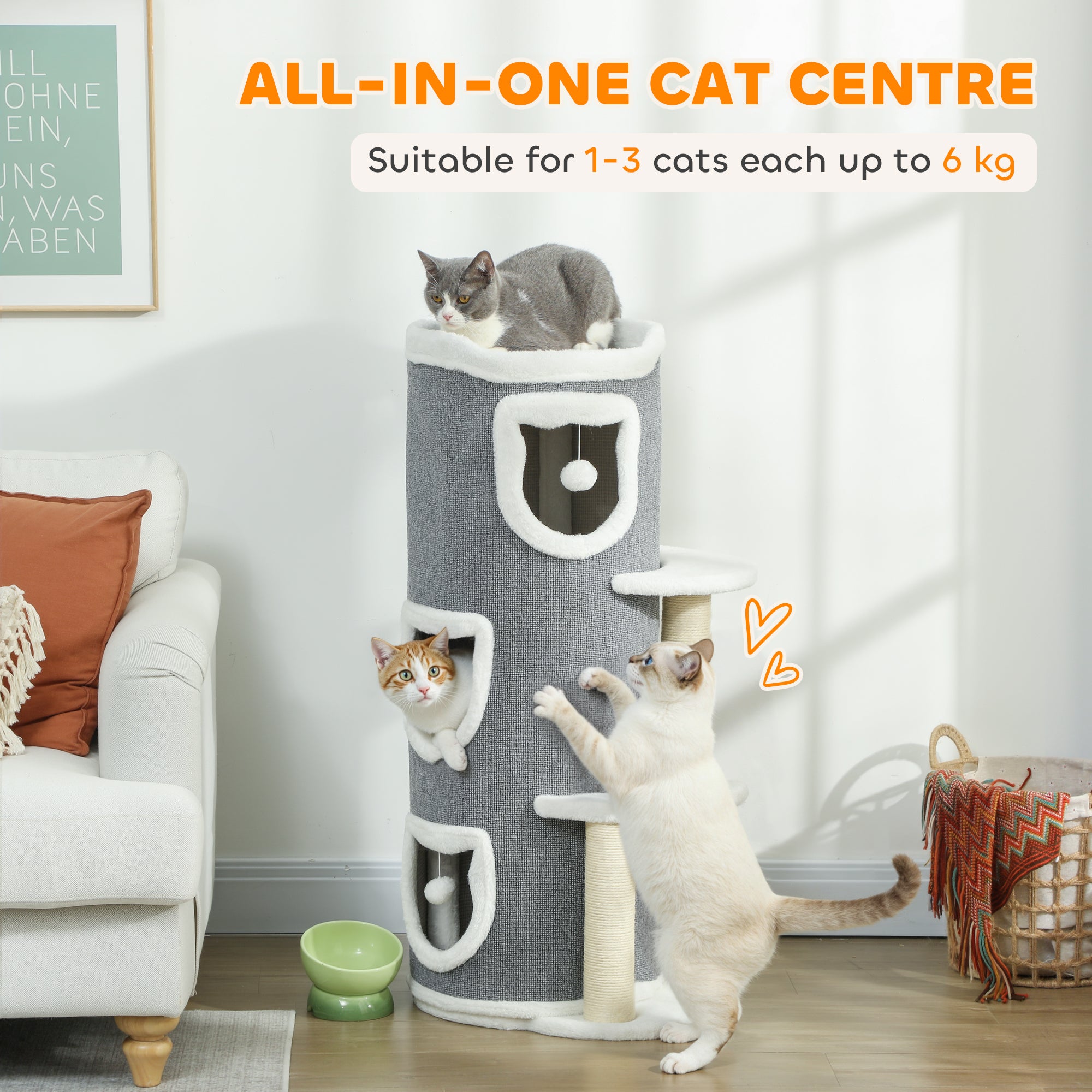 101 cm Cat Tree with Sisal Scratching Posts, 3 Barrel Condos, 3 Platforms, for Indoor Cats to Rest and Play