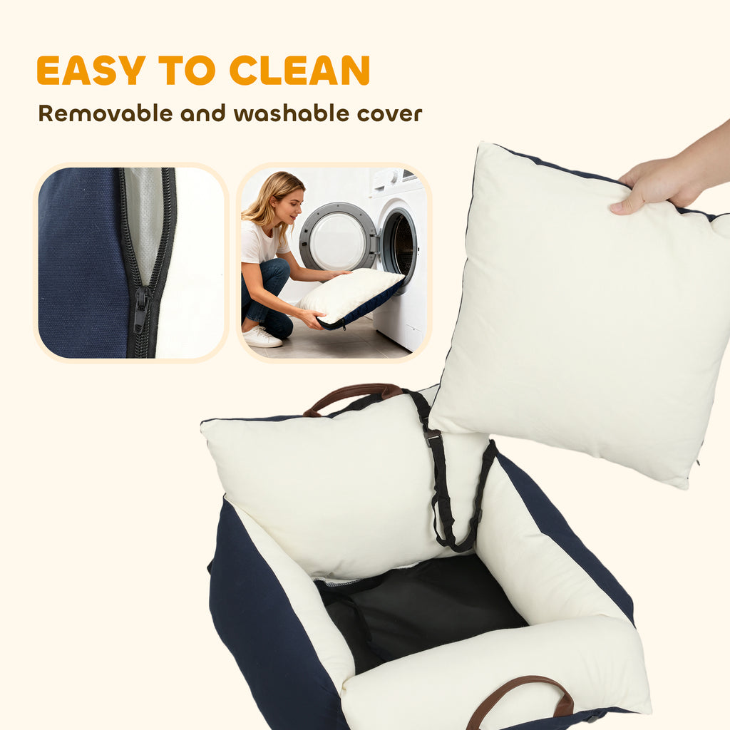 Dog Car Seat, Cosy Pet Car Booster Seat for Small Dogs Under 5kg, Portable Travel Bed with Safety Belts, Navy Blue