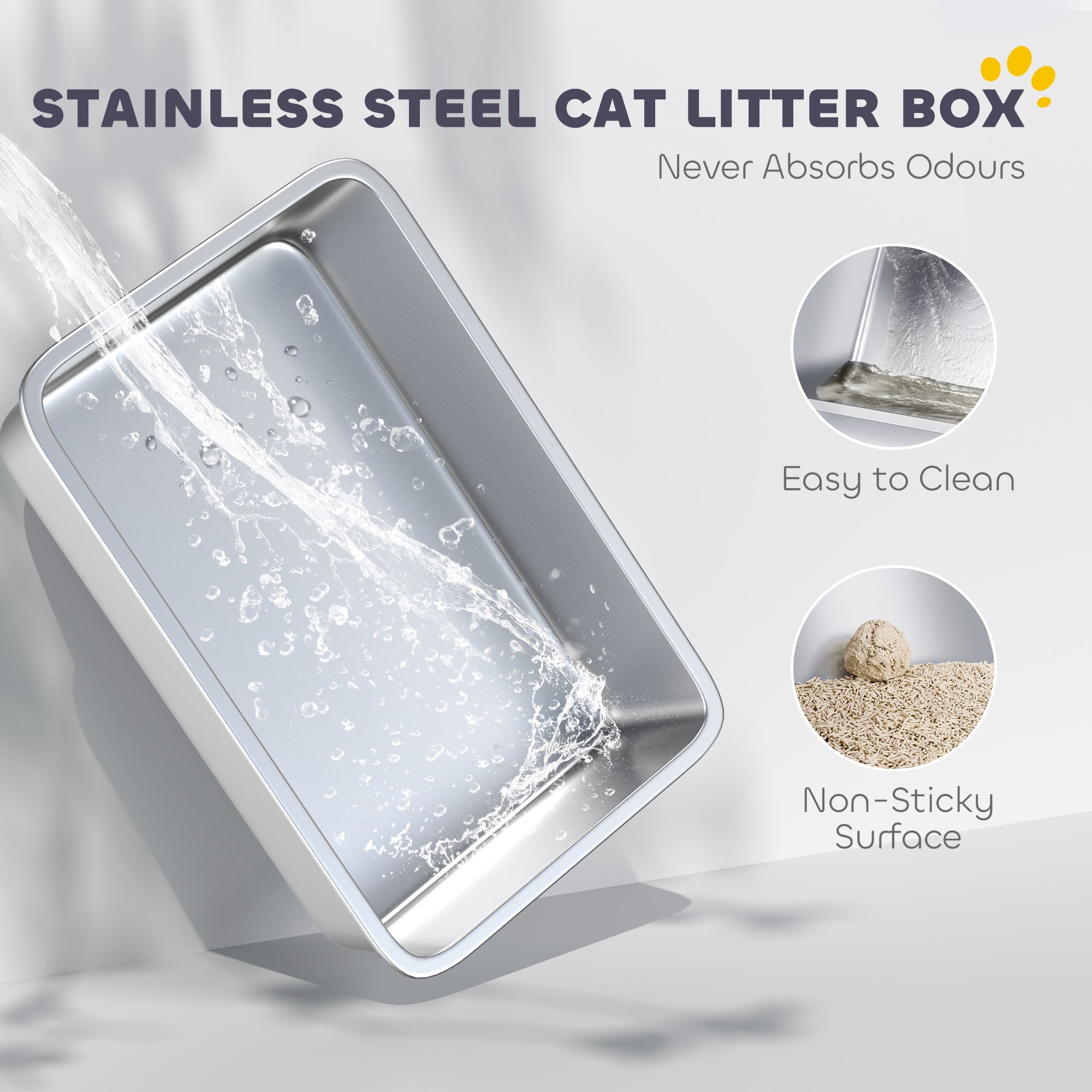XXL Stainless Steel Cat Litter Box with High Sides & Metal Scoop, 70x50x30cm