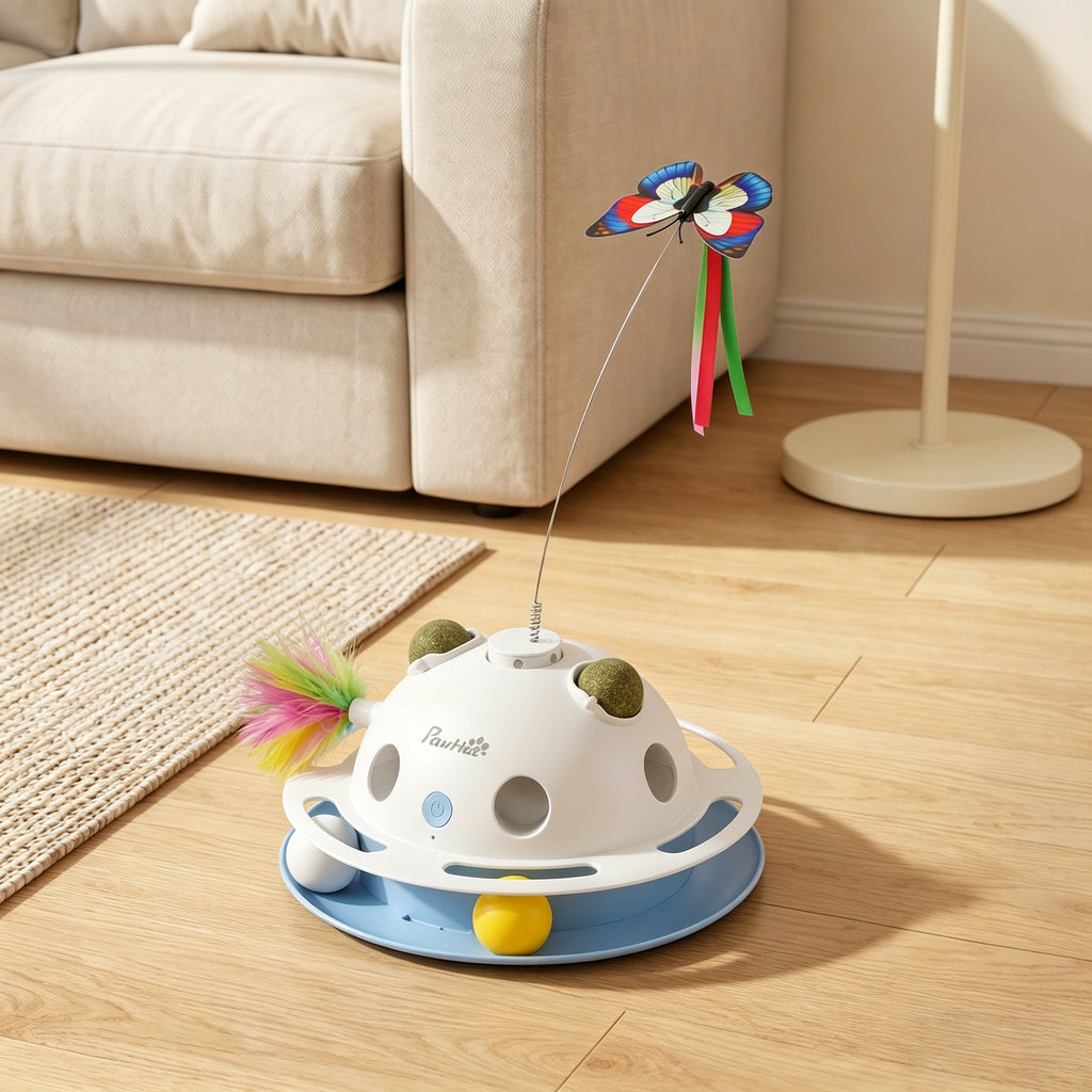 4-in-1 Interactive Cat Toy for Indoor Cats Adult with Spinning Butterfly, Shooting Feathers & Catnip Balls