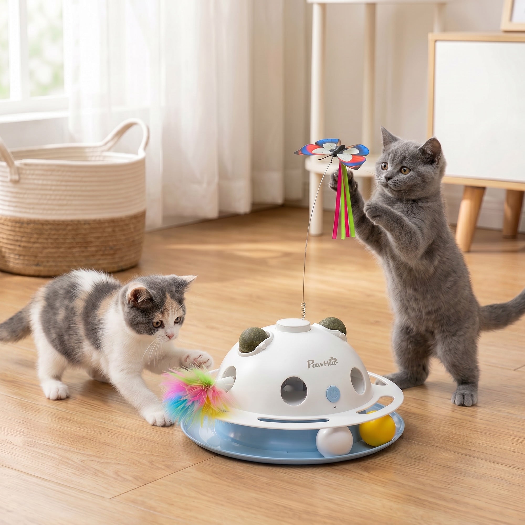 4-in-1 Interactive Cat Toy for Indoor Cats Adult with Spinning Butterfly, Shooting Feathers & Catnip Balls