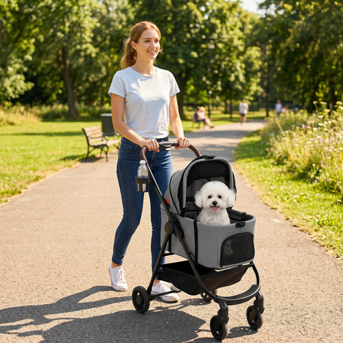 3-in-1 Foldable Pet Stroller with Detachable Carrier, Grey