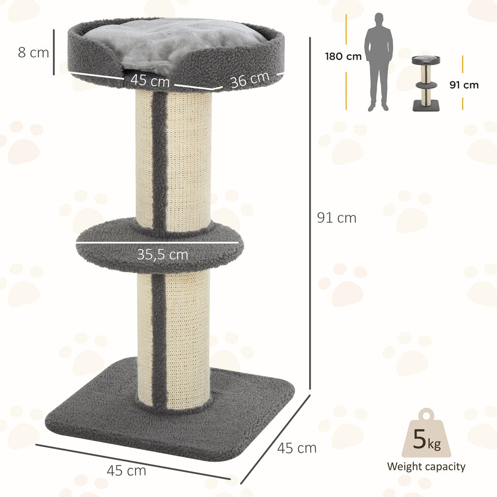 91cm Cat Tree with Scratching Post, Bed, Perch & Removable Cushion - Grey