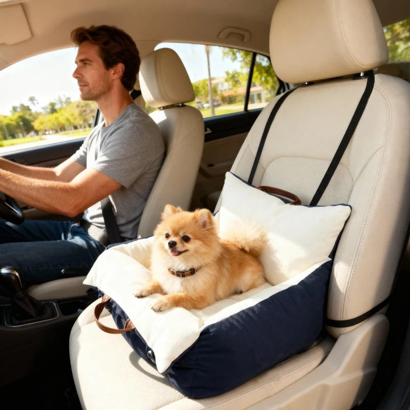 Dog Car Seat, Cosy Pet Car Booster Seat for Small Dogs Under 5kg, Portable Travel Bed with Safety Belts, Navy Blue