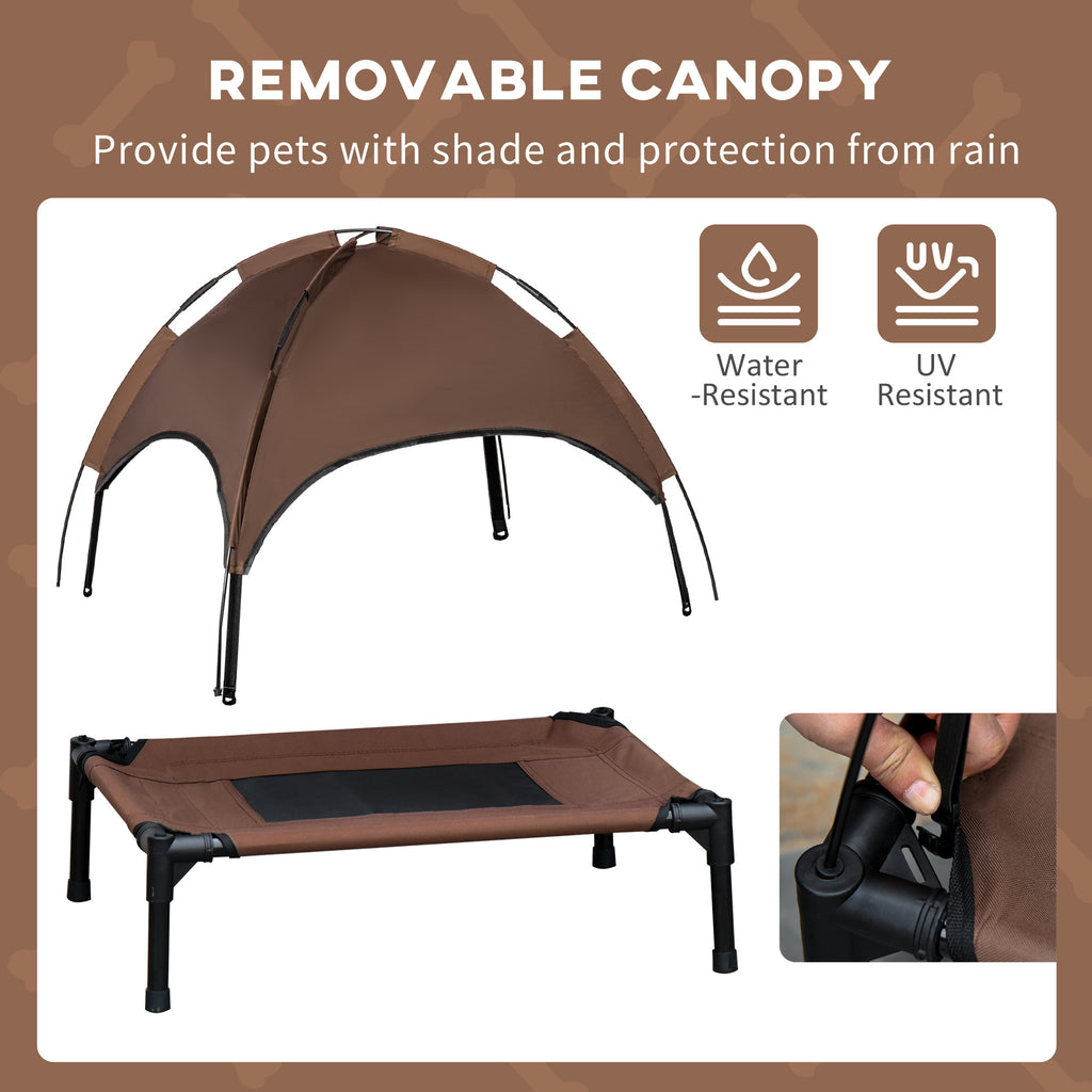 Outdoor Dog Bed with Removable Canopy, Portable Raised Dog Bed for Camping, Garden & Beach, Water-Resistant UV-Protection Mesh Pet Cot Sun Lounger, for Medium Pets, 76 x 61 x 73 cm, Brown