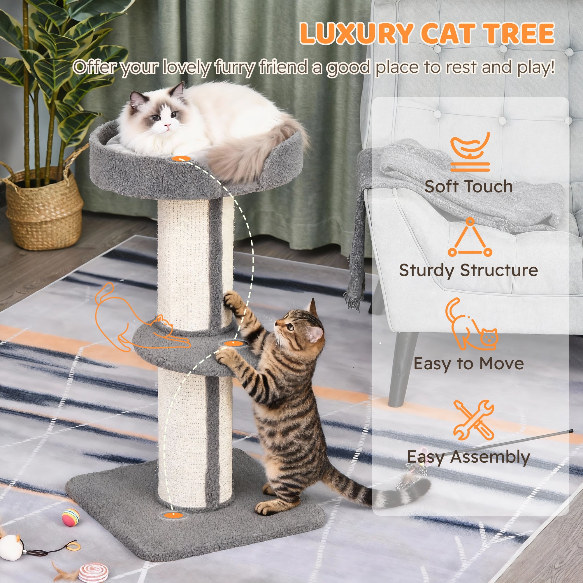 91cm Cat Tree with Scratching Post, Bed, Perch & Removable Cushion - Grey