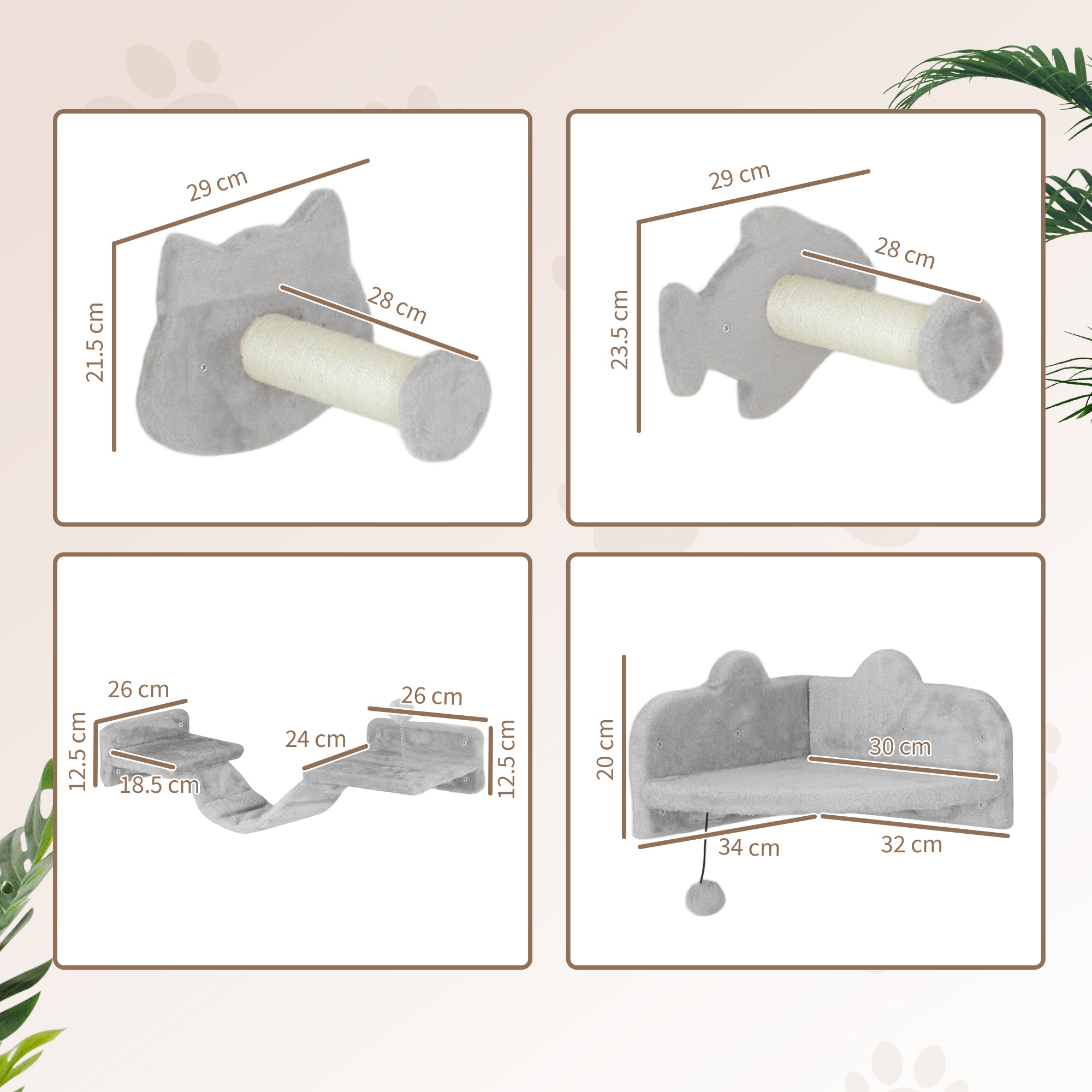 4-Piece Cat Wall Shelves with Steps, Ladder, Jumping Platforms, Light Grey