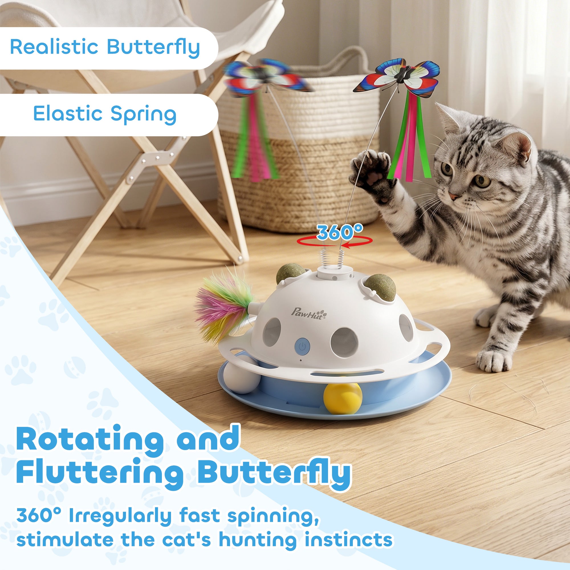 4-in-1 Interactive Cat Toy for Indoor Cats Adult with Spinning Butterfly, Shooting Feathers & Catnip Balls