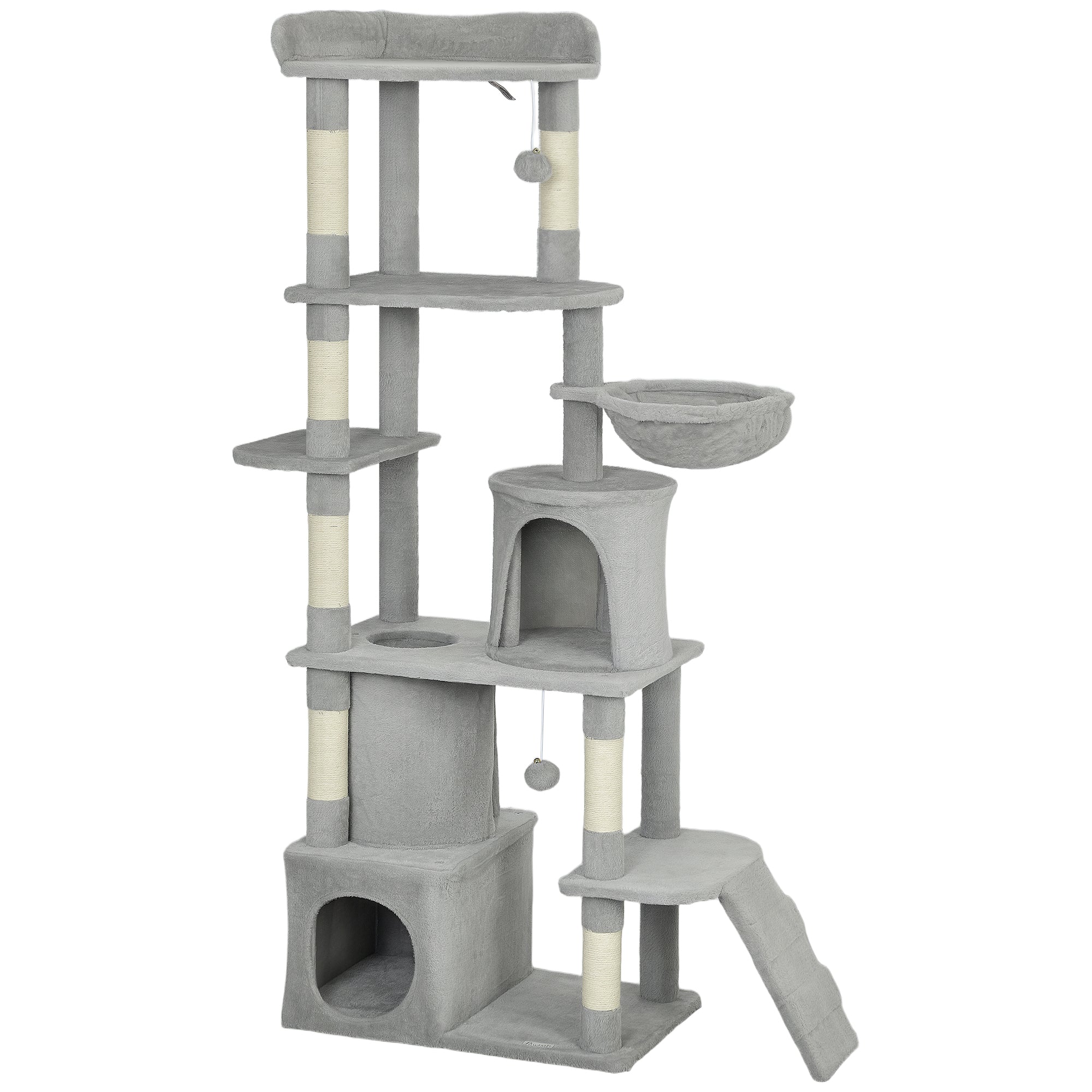 170 cm Large Cat Tree, Cat Tower with 7 Scratching Posts, 2 Condos, Hammock, Light Grey
