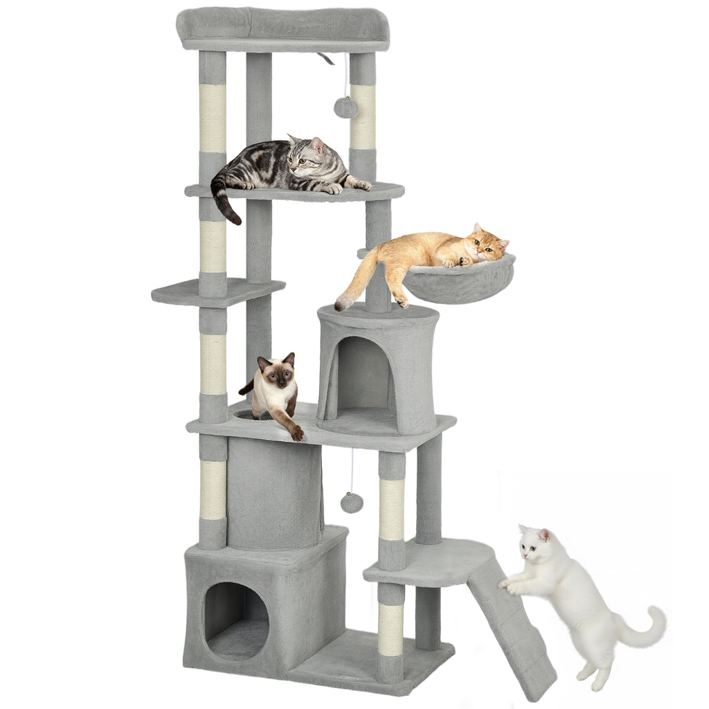 170 cm Large Cat Tree, Cat Tower with 7 Scratching Posts, 2 Condos, Hammock, Light Grey