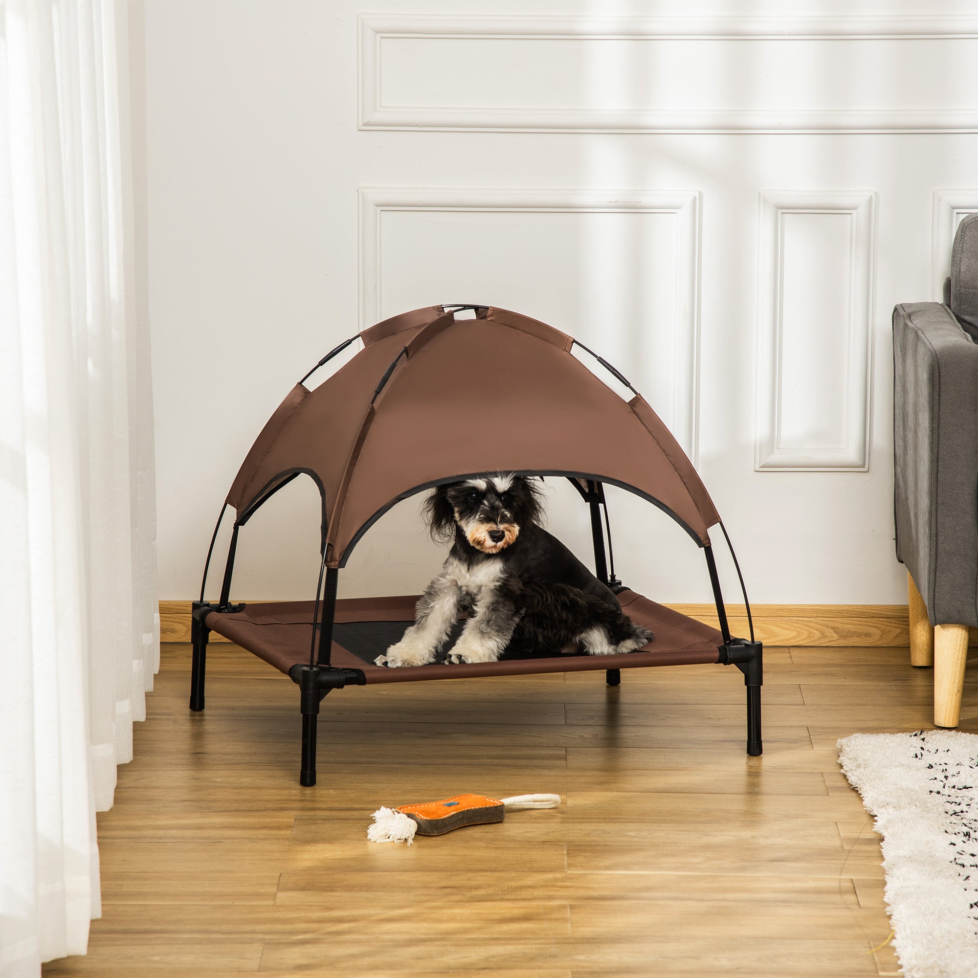 Outdoor Dog Bed with Removable Canopy, Portable Raised Dog Bed for Camping, Garden & Beach, Water-Resistant UV-Protection Mesh Pet Cot Sun Lounger, for Medium Pets, 76 x 61 x 73 cm, Brown