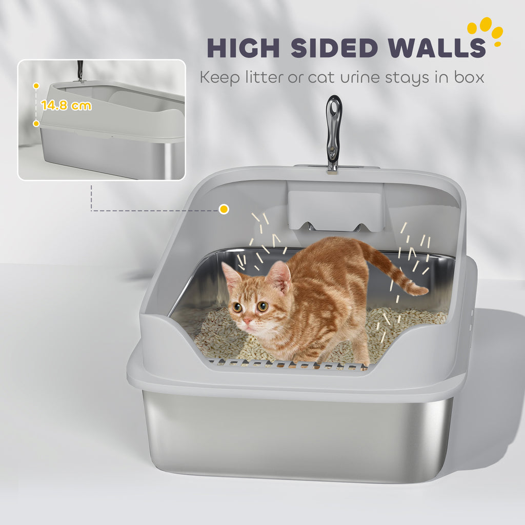 XXL Stainless Steel Cat Litter Box with High Sides & Metal Scoop, 70x50x30cm