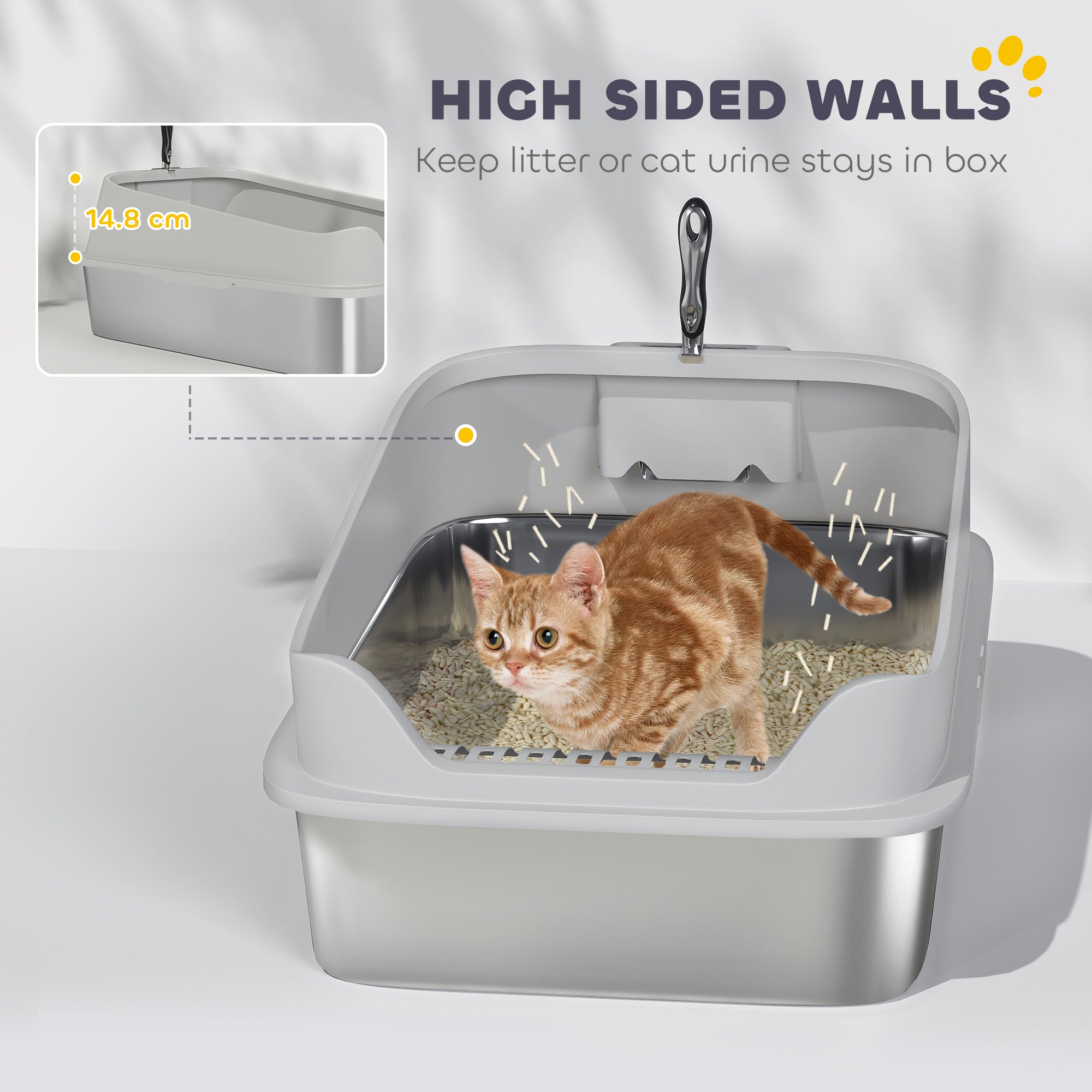 XXL Stainless Steel Cat Litter Box with High Sides & Metal Scoop, 70x50x30cm