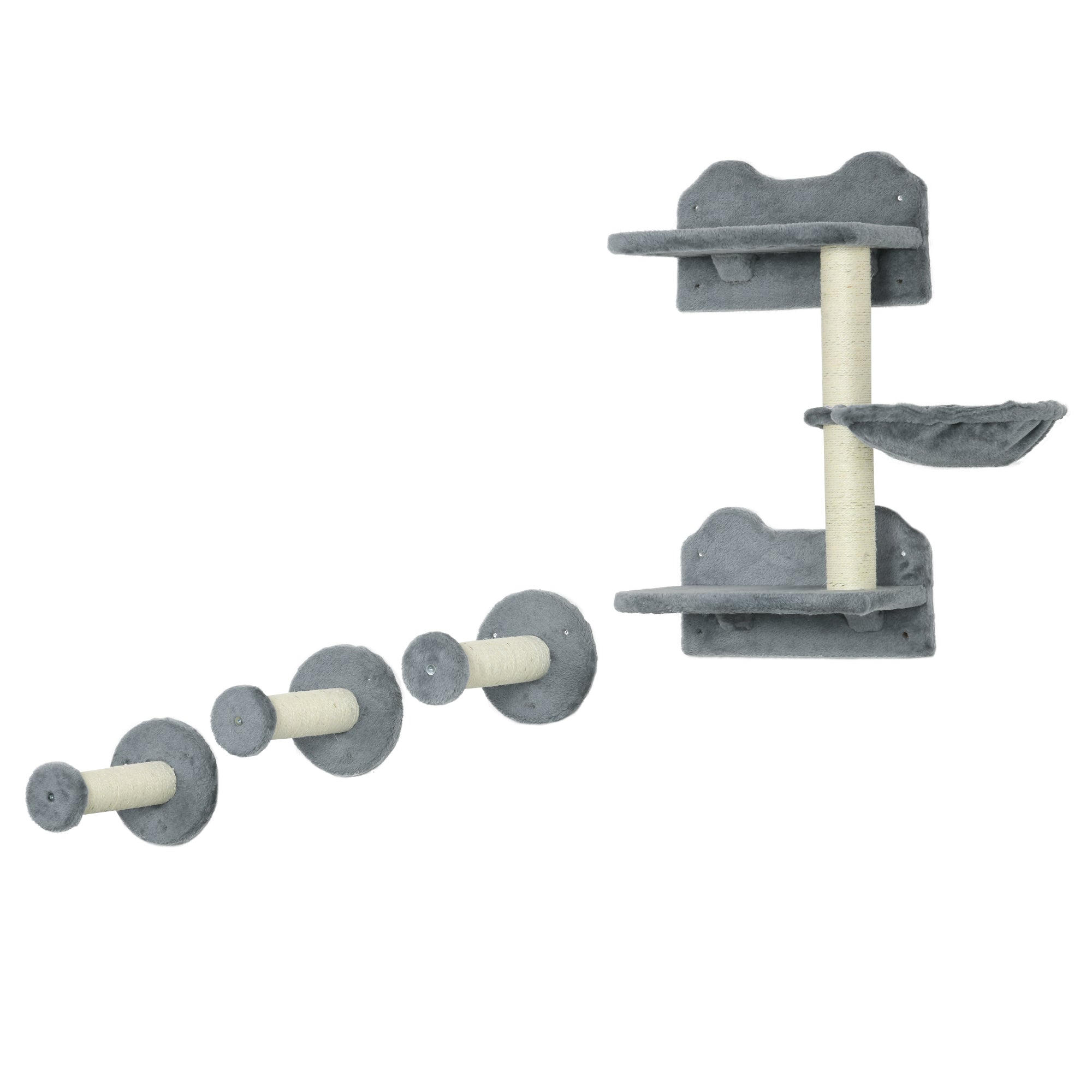 4-Piece Wall-Mounted Cat Shelves with Scratching Post - Cat Wall Furniture for Indoor Cats (Grey)