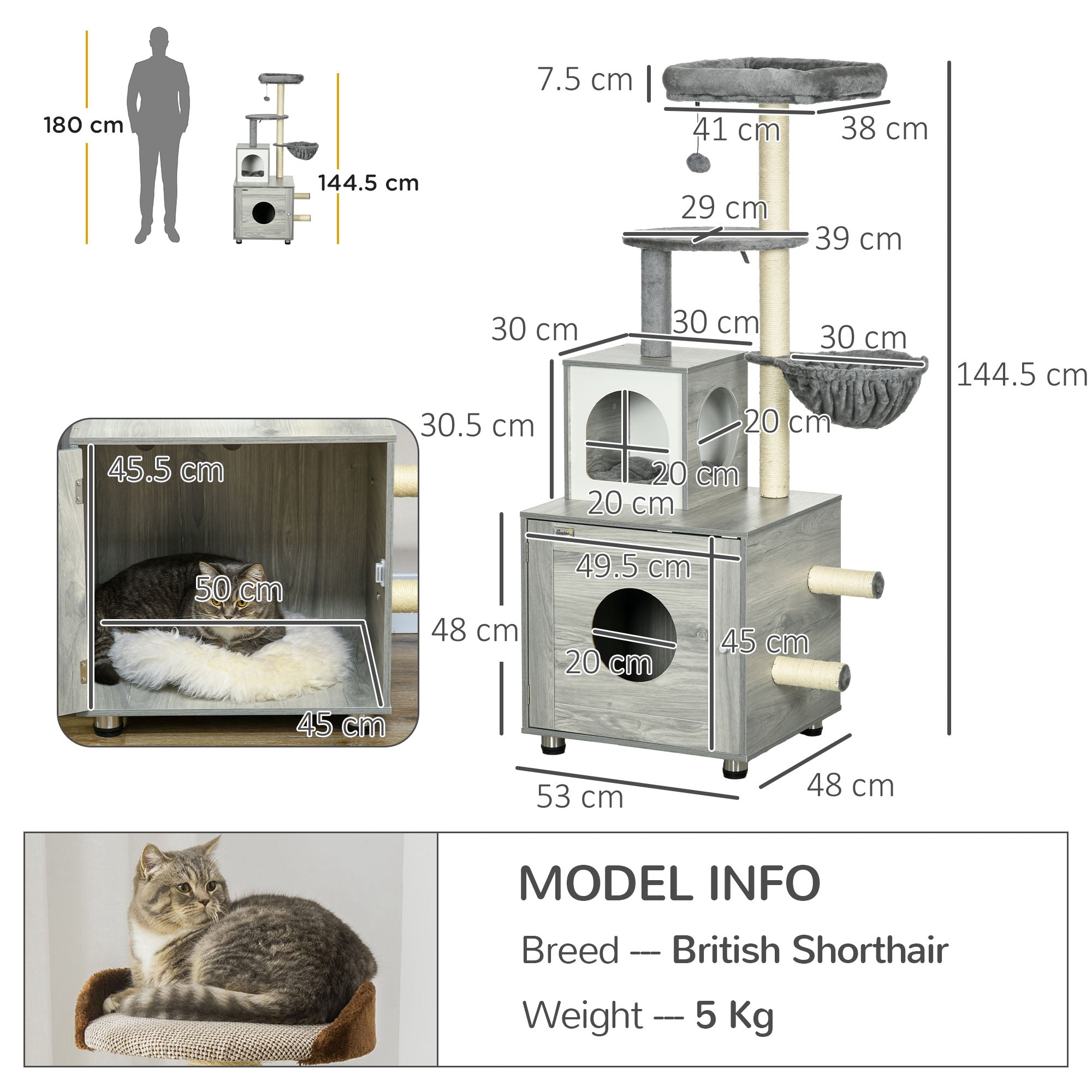 Enclosed Cat Litter Box with Hidden House, Bed & Scratching Posts - Indoor Cat Furniture (Grey)