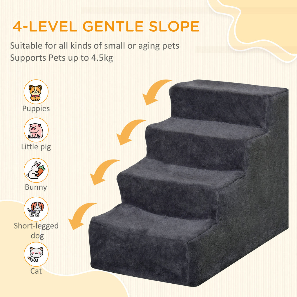 4-Step Dog Stairs with Washable Plush Cover - Pet Steps for High Beds & Sofas, Small Dogs & Cats (Dark Grey)