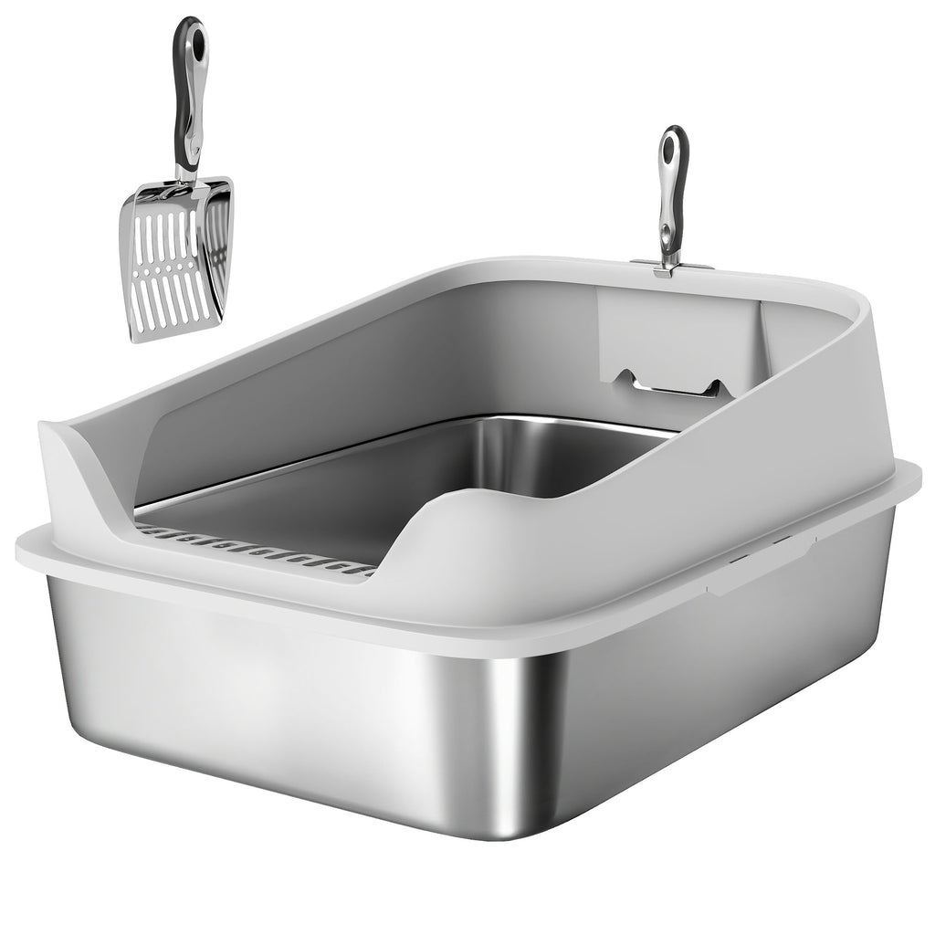 XXL Stainless Steel Cat Litter Box with High Sides & Metal Scoop, 70x50x30cm