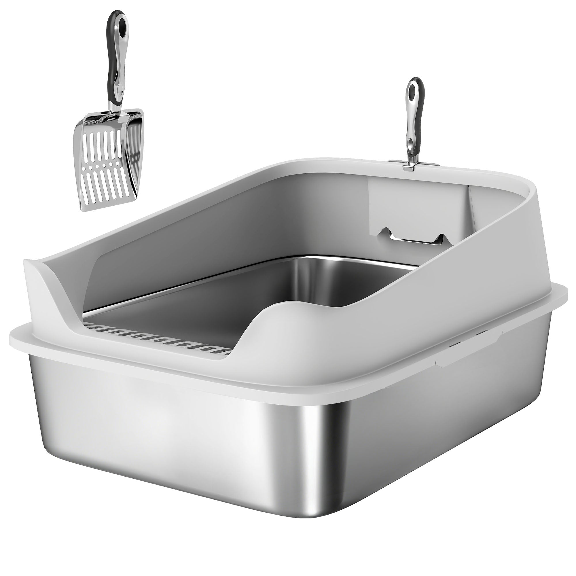 XXL Stainless Steel Cat Litter Box with High Sides & Metal Scoop, 70x50x30cm